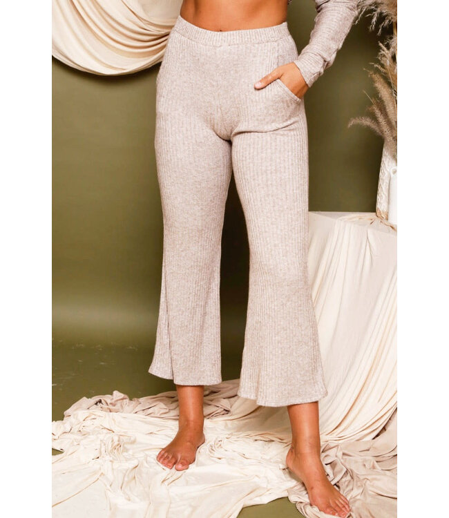 Ribbed Wide Leg Pants with Pocket and Elastic Waist