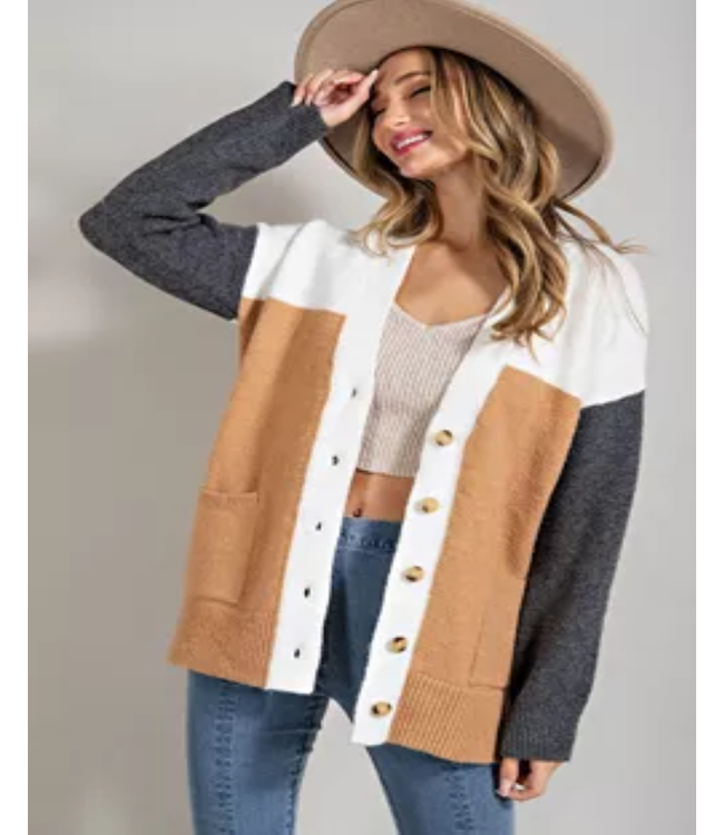 Button down color block cardigan