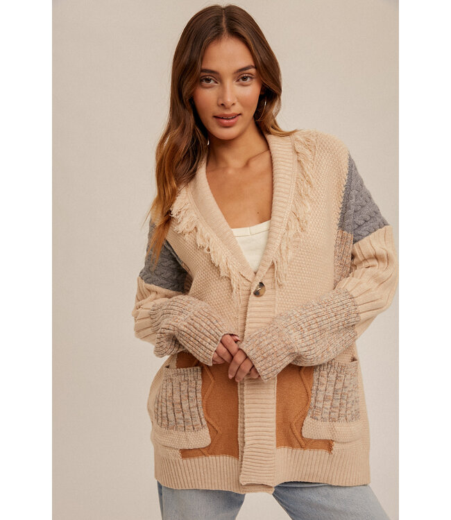 Hem and Thread Fringe collared color block oversized cardigan