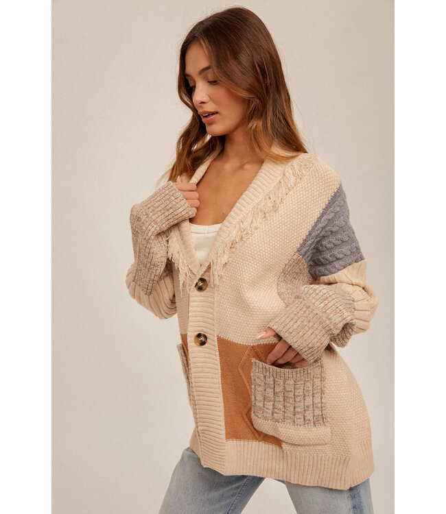 Hem and Thread Fringe collared color block oversized cardigan