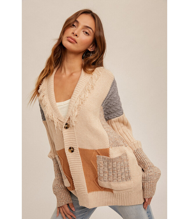 Hem and Thread Fringe collared color block oversized cardigan
