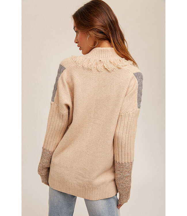 Hem and Thread Fringe collared color block oversized cardigan