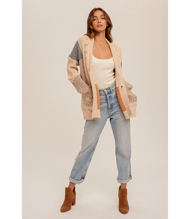 Hem and Thread Fringe collared color block oversized cardigan