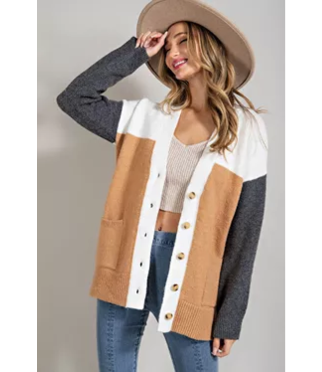 Button down color block cardigan