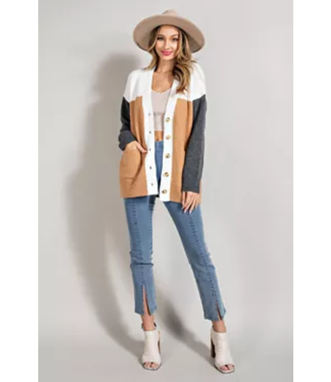Button down color block cardigan