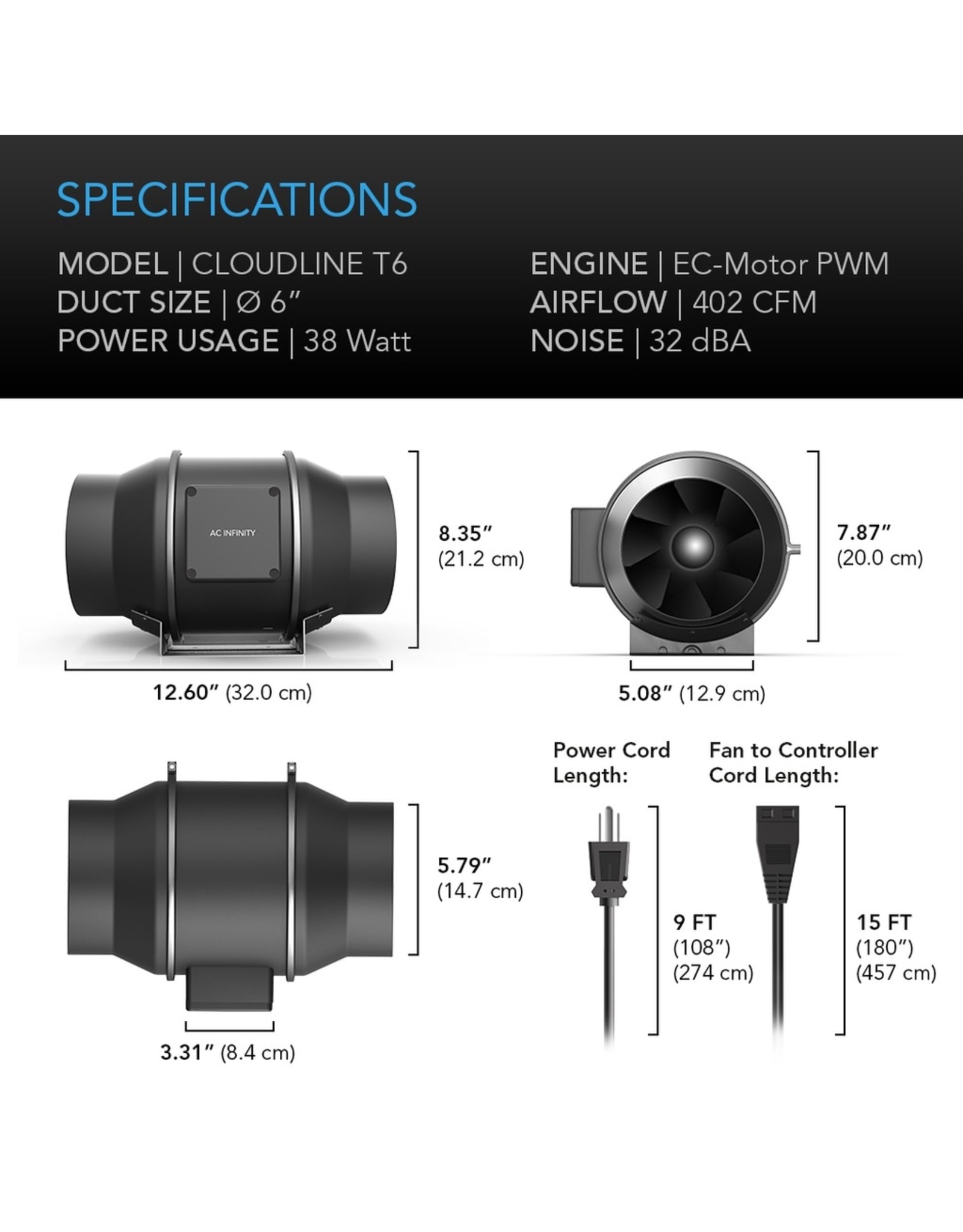 AC Infinity CLOUDLINE T6 - 6" Duct Fan w/  Temperature and Humidity Control