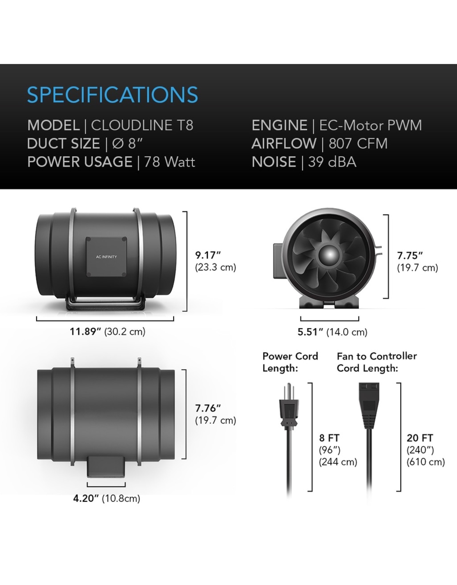 AC Infinity CLOUDLINE T8 - 8" Duct Fan w/  Temperature and Humidity Control