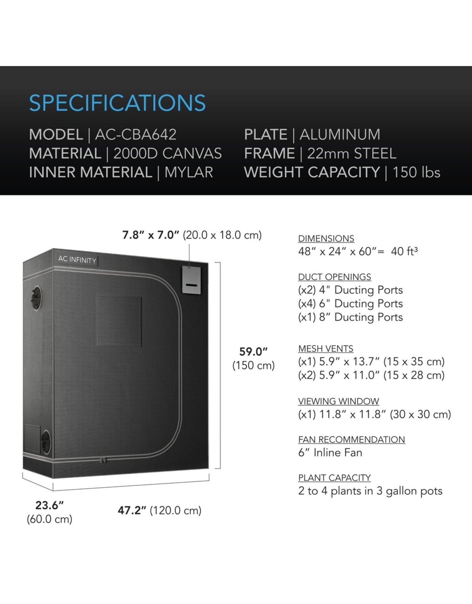 AC Infinity CLOUDLAB 642, Advance Grow Tent, 2000D Mylar Canvas, 48" x 24" x 72"