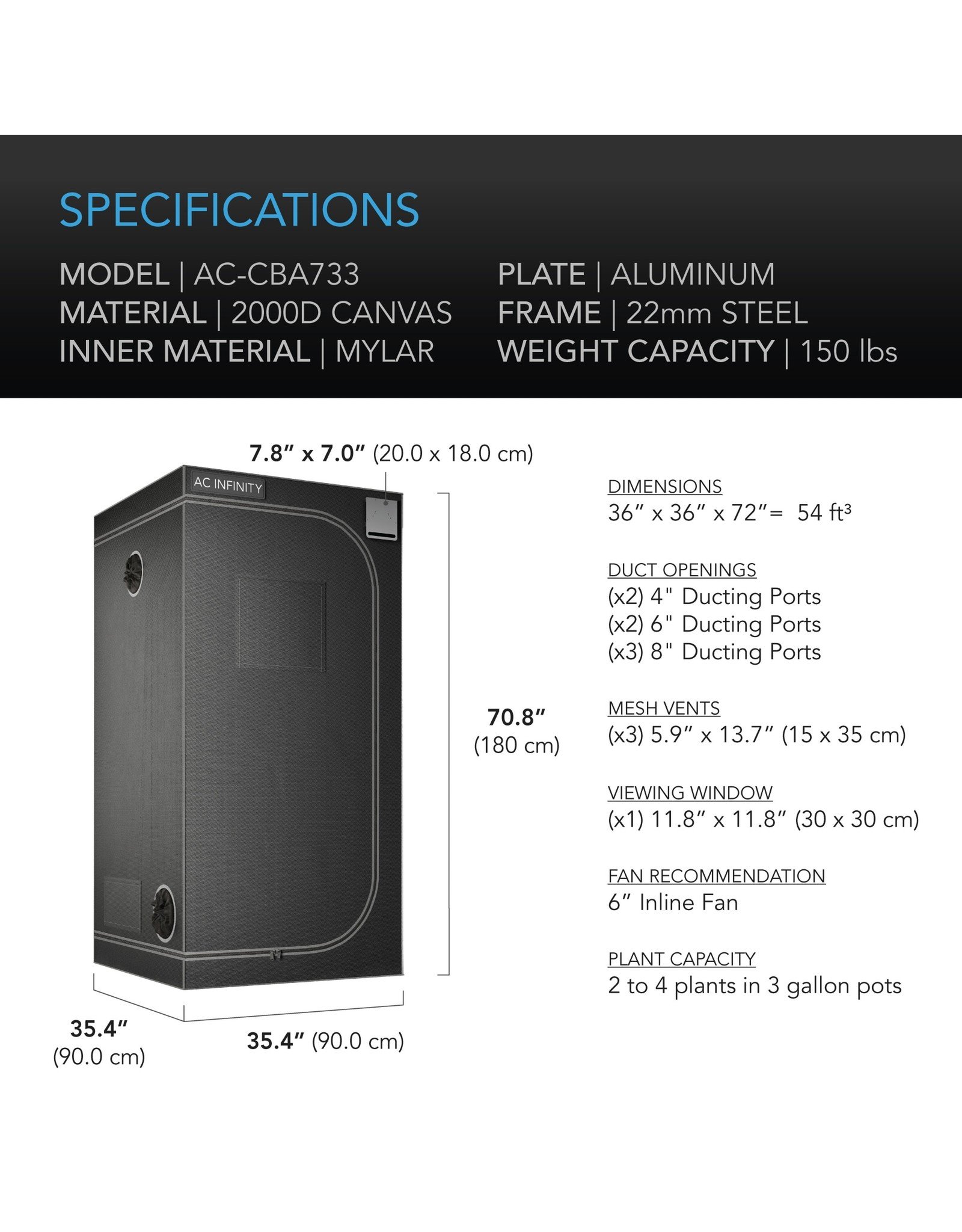 AC Infinity CLOUDLAB 733, Advance Grow Tent, 2000D Mylar Canvas, 36" x 36" x 72"