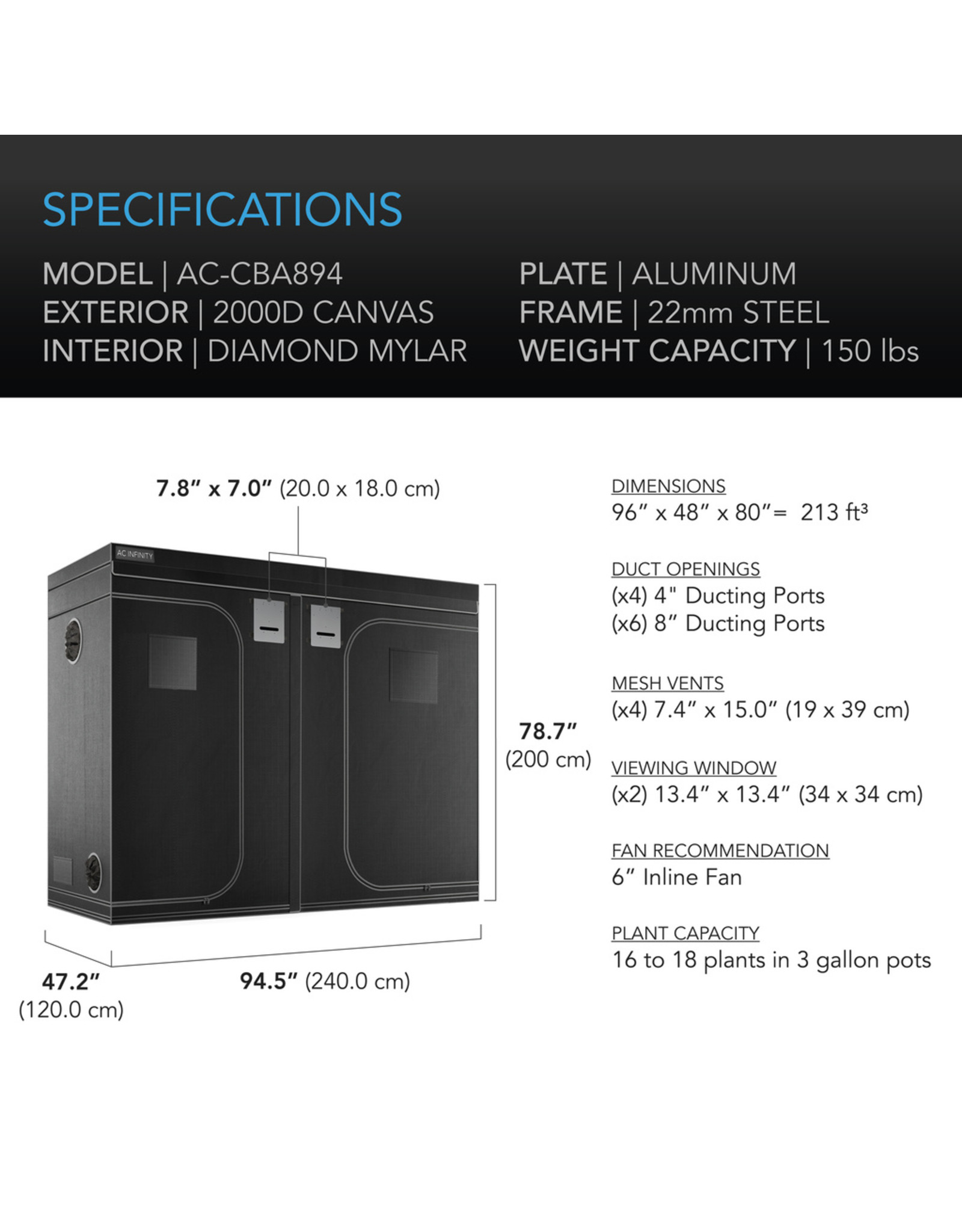 AC Infinity CLOUDLAB 894, Advance Grow Tent, 2000D Mylar Canvas, 94" x 48" x 80"