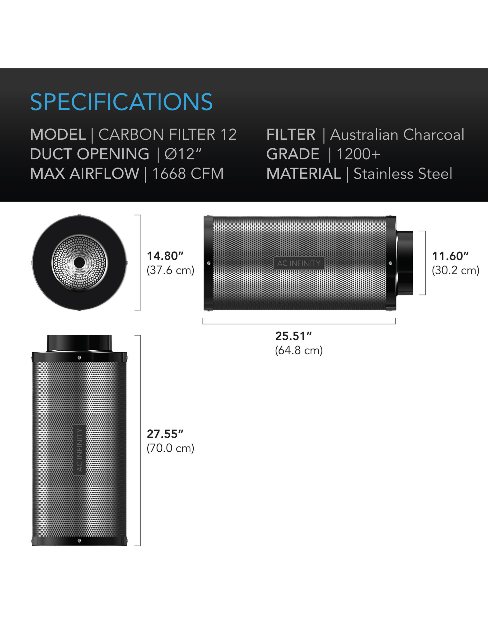 AC Infinity AC Infinity Duct Carbon Filter w/ Australian Charcoal - 12"