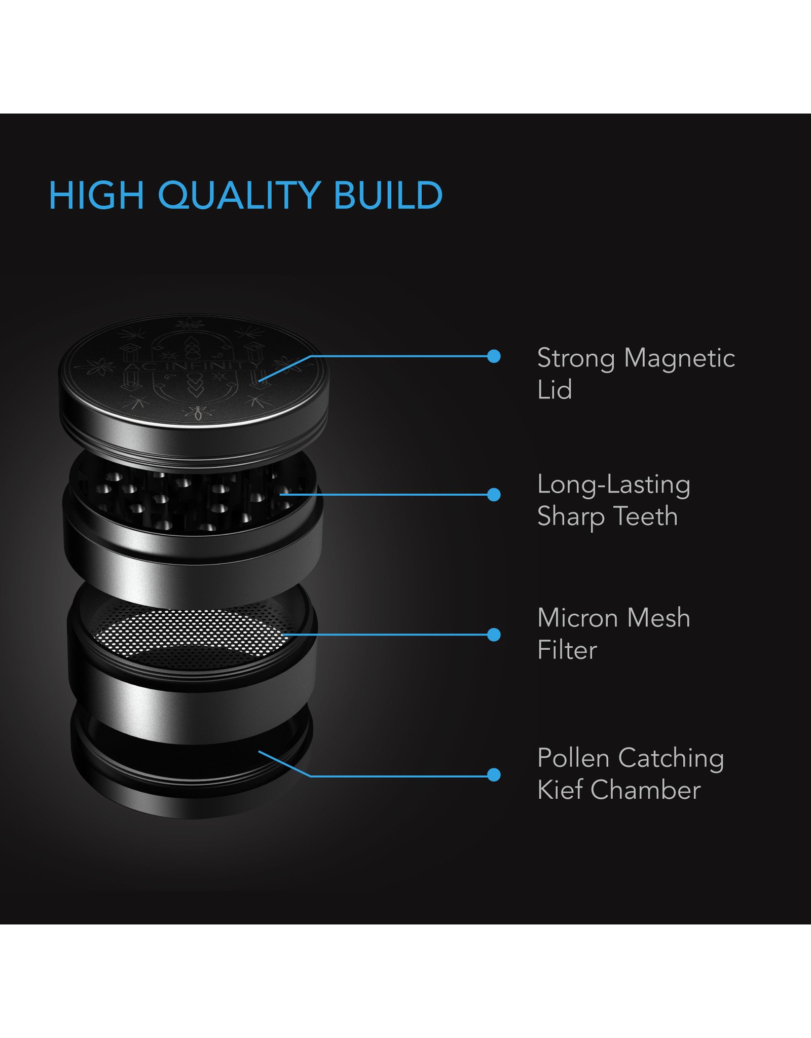 AC Infinity Magnetic 3-Chamber Herb Grinder Black - 2.5 INCH