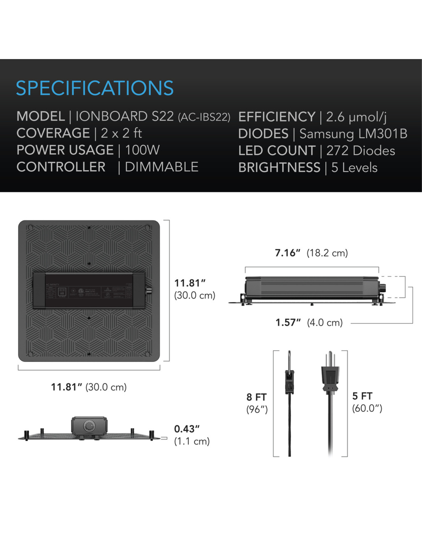 AC Infinity IONBOARD S22 Full Spectrum LED Grow Light 2X2