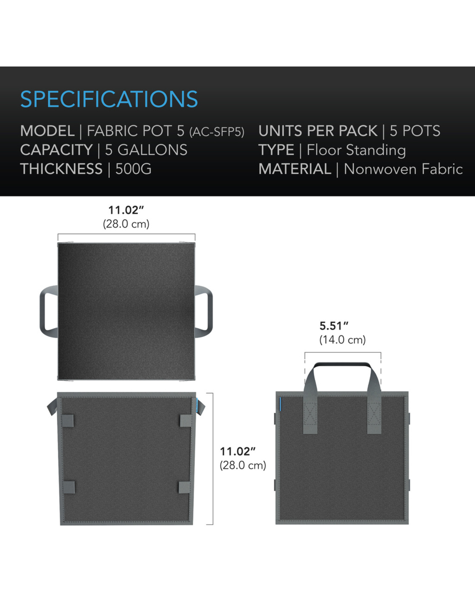 AC Infinity Heavy Duty Fabric Pot 5/Pack - SQUARE 5 Gallon