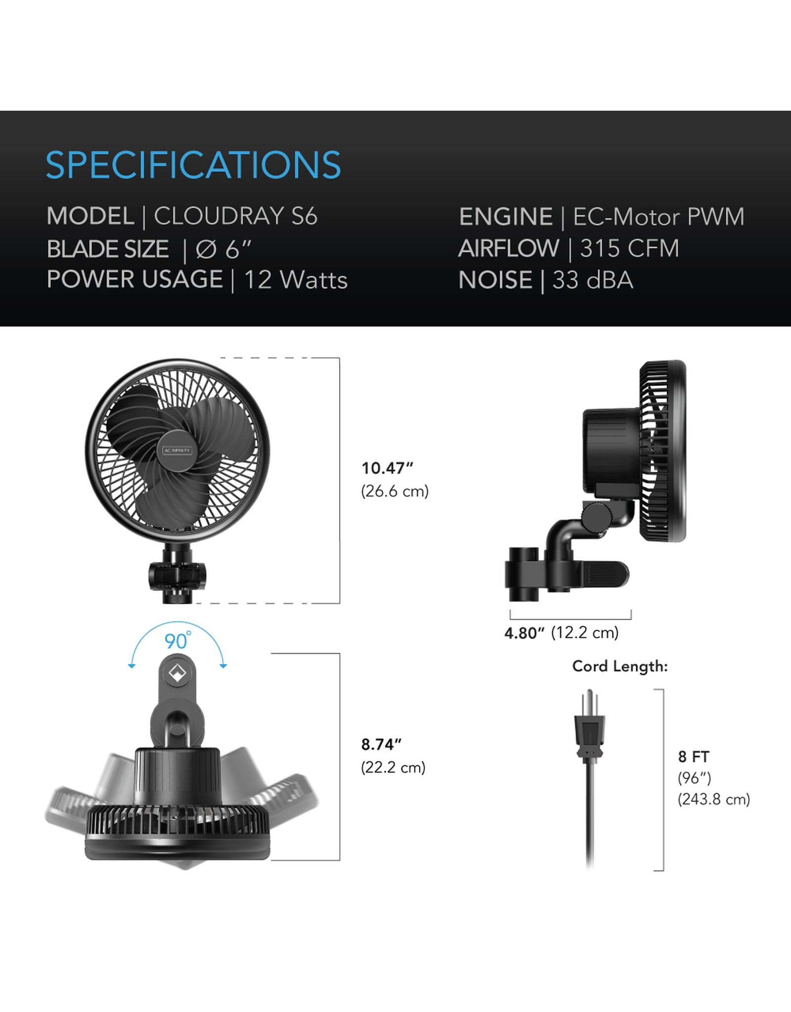 AC Infinity Cloudray S6 Gen 2 Clip Fan 6" w/ 10 Speeds, EC-Motor, Auto Oscillation