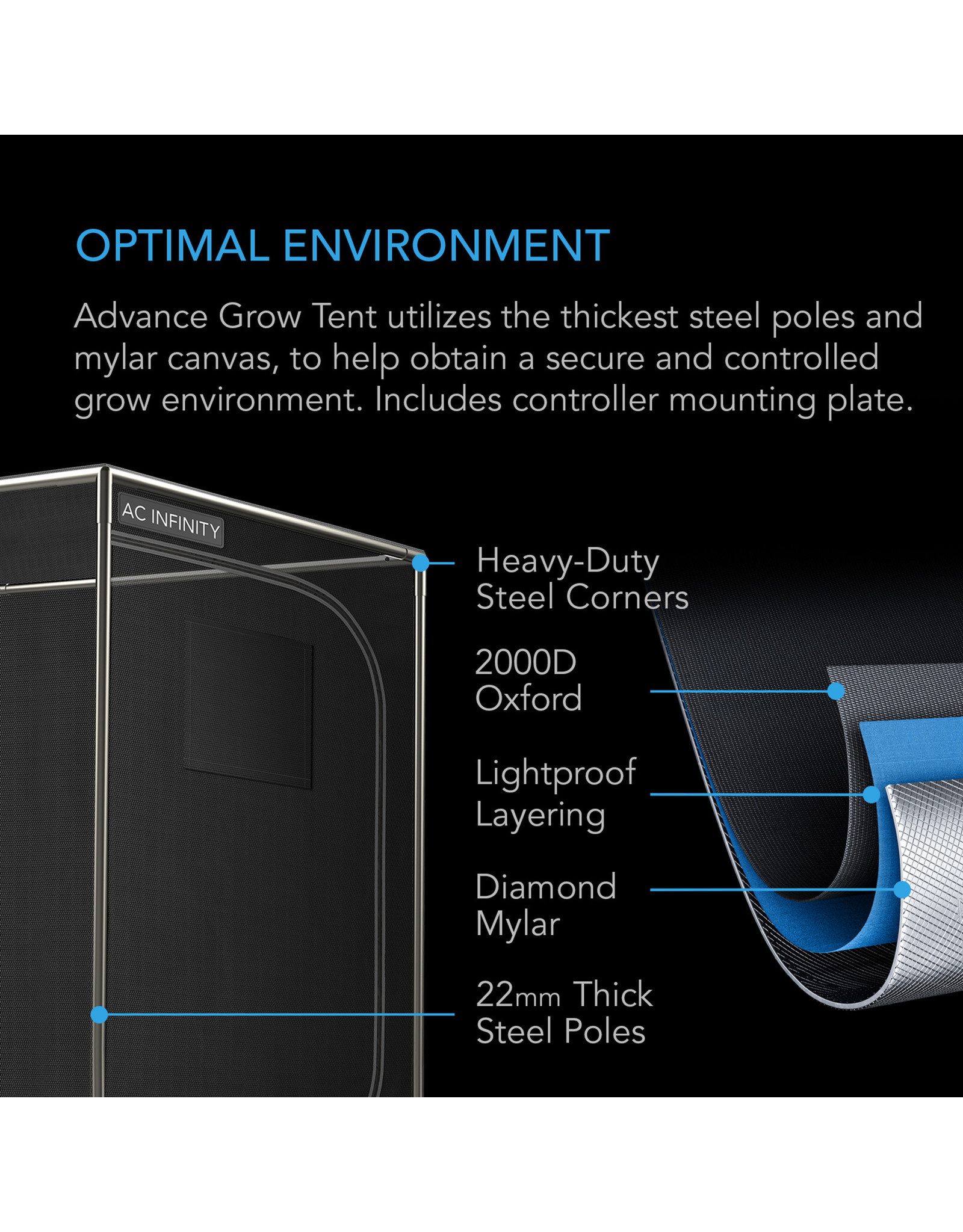 AC Infinity CLOUDLAB, Advance Grow Tent, 2000D Mylar Canvas