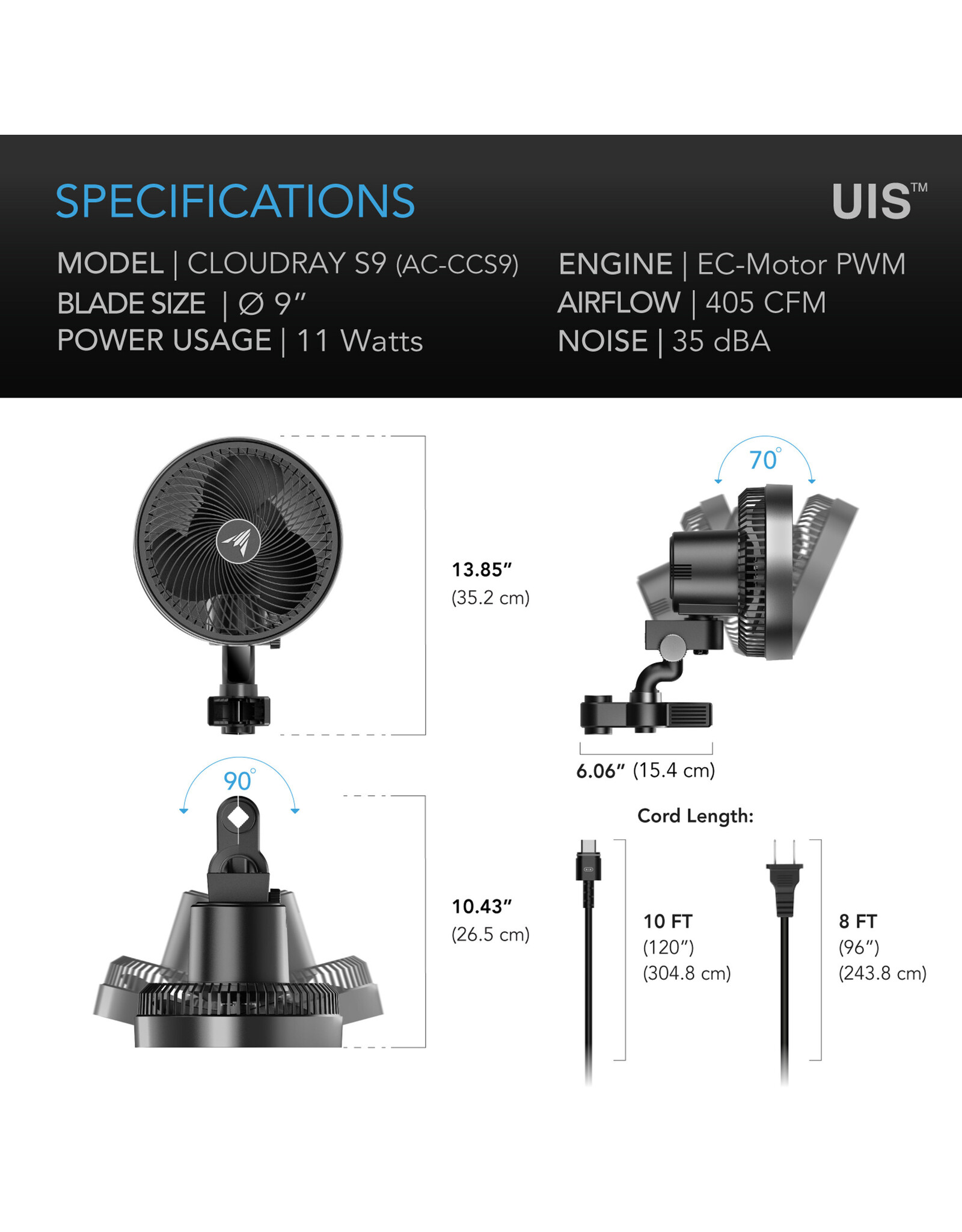AC Infinity Cloudray S9 Clip Fan w/ 10-Level Modes, Speeds and Auto Oscillation - 9"