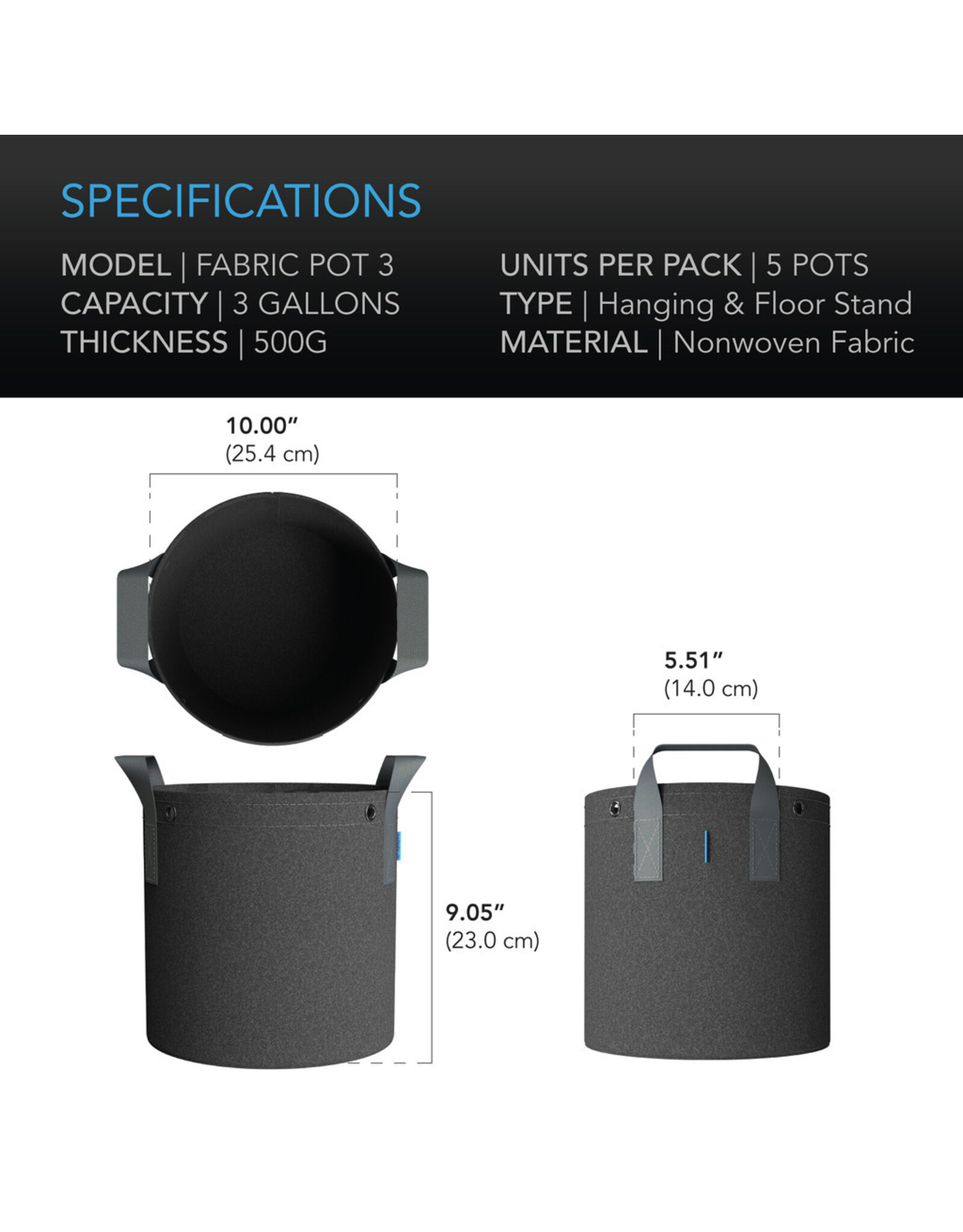 AC Infinity Heavy Duty Fabric Pot 5/Pack - ROUND 3 Gallon