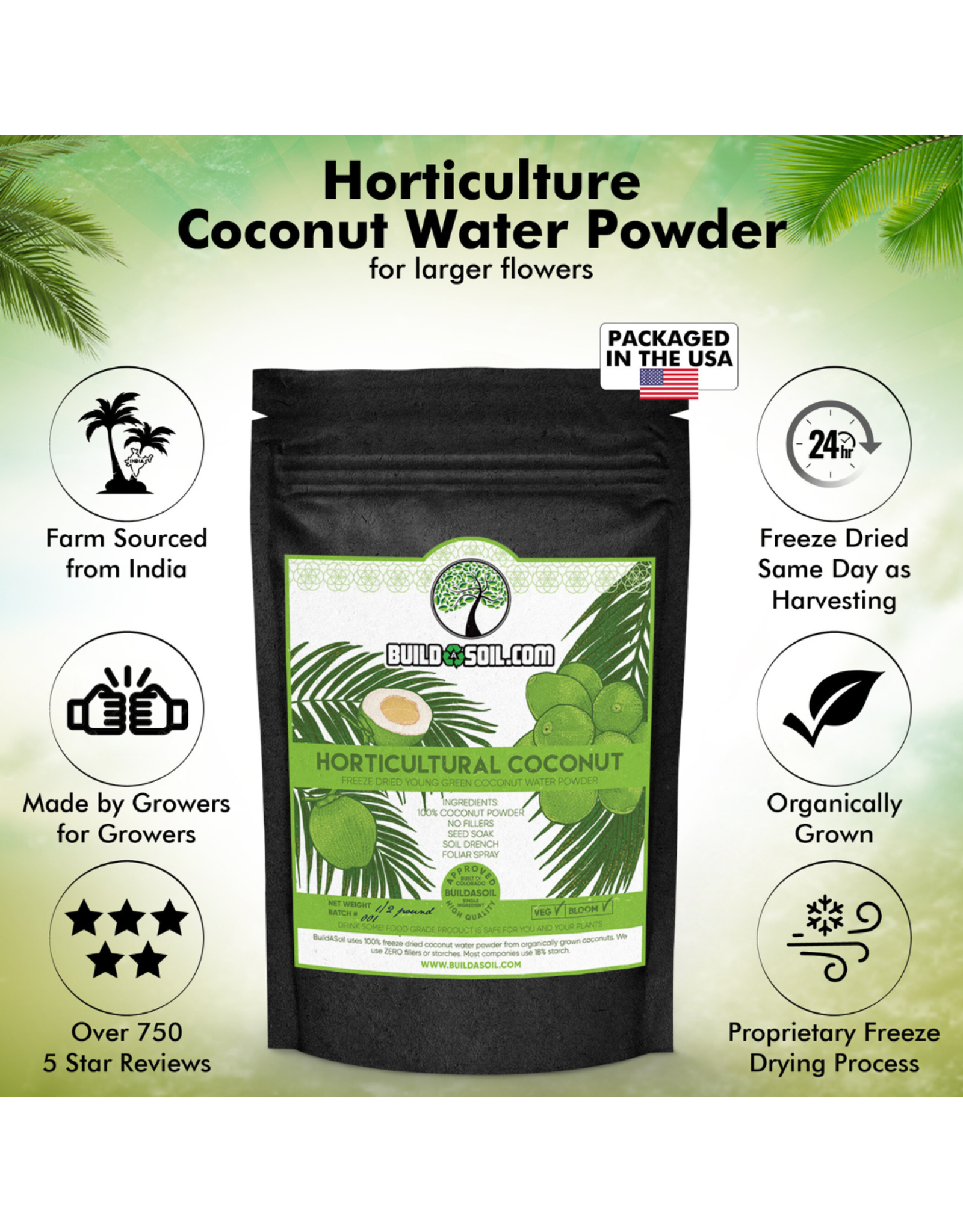 BuildASoil BuildASoil Coconut Water Powder - Raw Freeze Dried Organic - 1/2 lb
