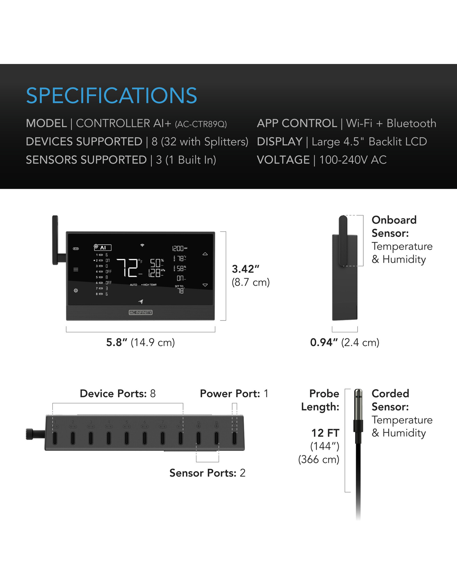 AC Infinity CONTROLLER AI+ Environmental Controller, Dual-Zone VPD, Temperature and Humidity, Bluetooth + WiFi App