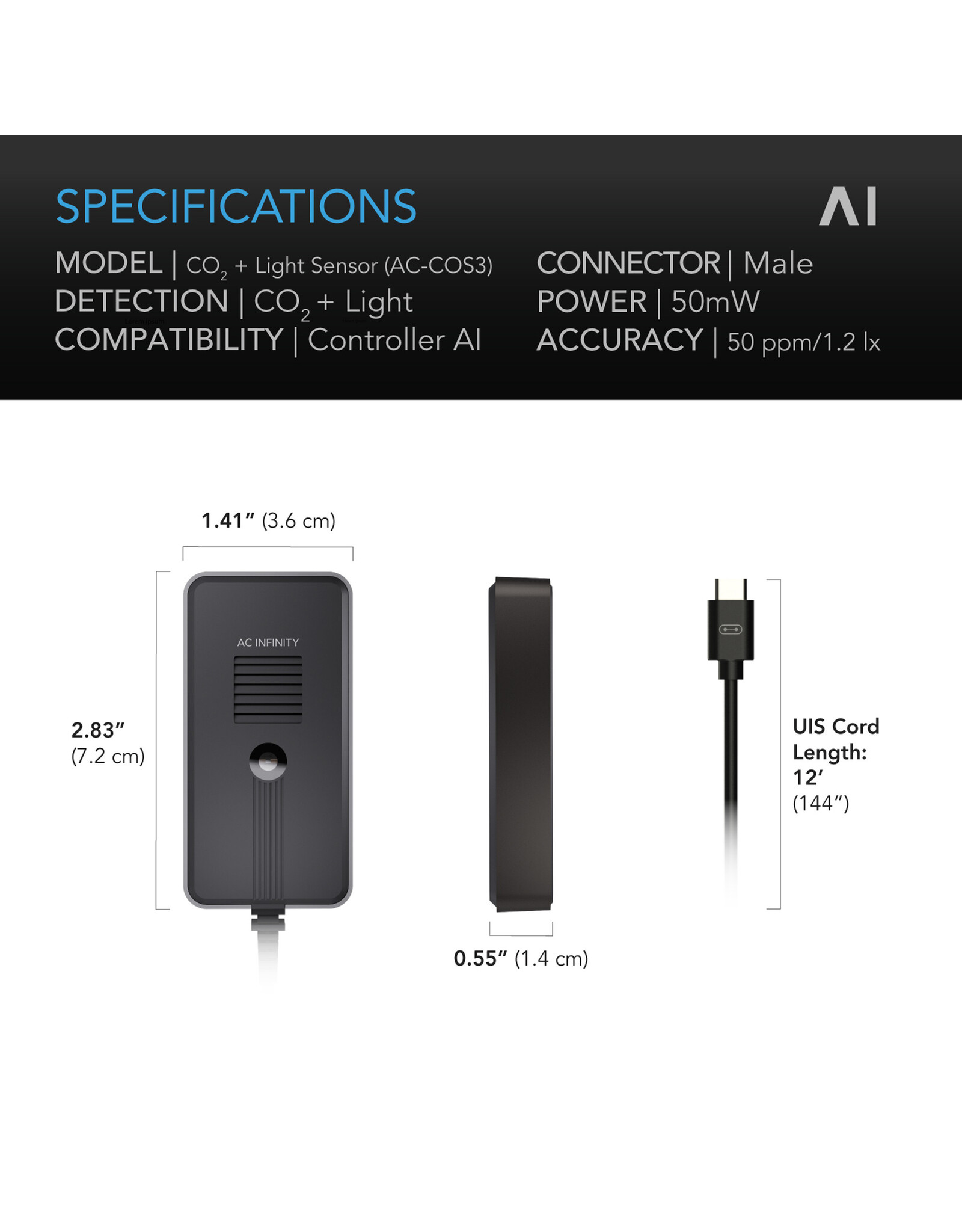 AC Infinity CO2 + Light Sensor for Controller AI+, Enables Equipment Control Programming
