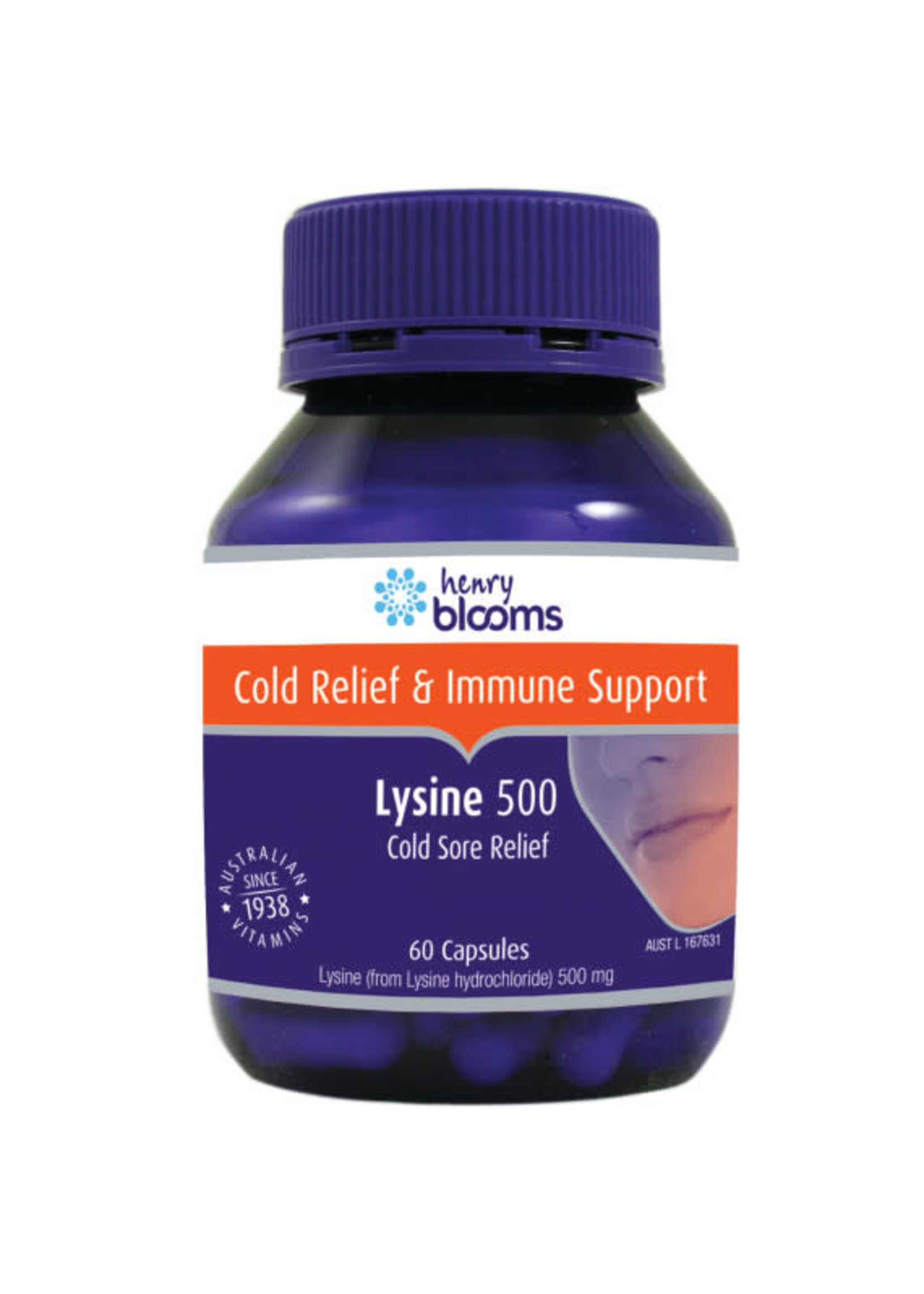 Henry Blooms Blooms Cold Sore Relief equiv Lysine 500mg 60 caps
