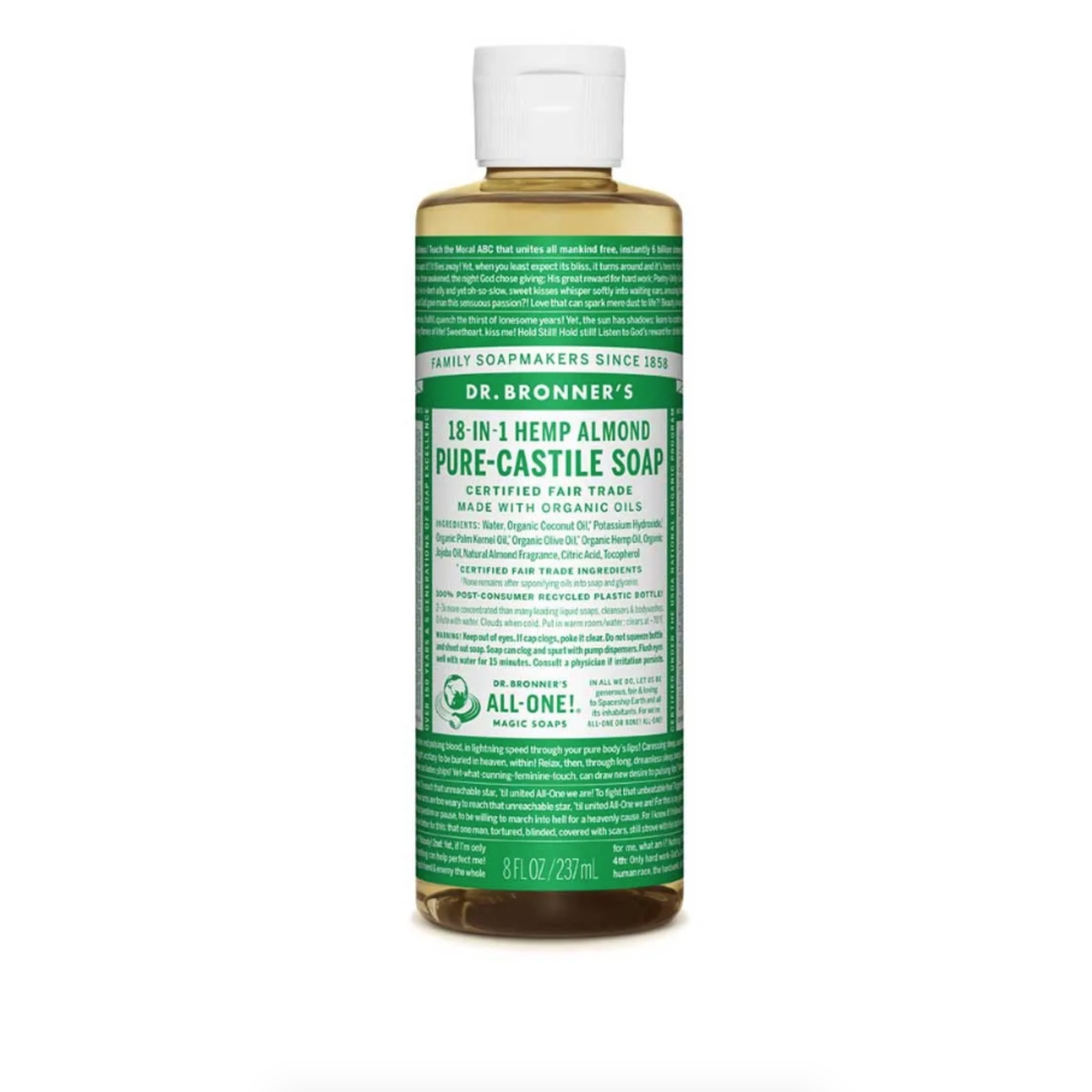 Dr Bronners Dr Bronners Organic Pure Castile Liquid Soap  Almond 237 ml (Dark Green)