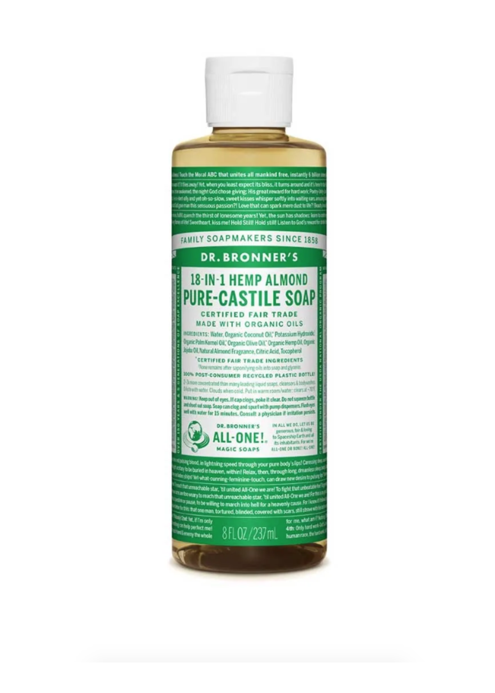 Dr Bronners Dr Bronners Organic Pure Castile Liquid Soap  Almond 237 ml (Dark Green)