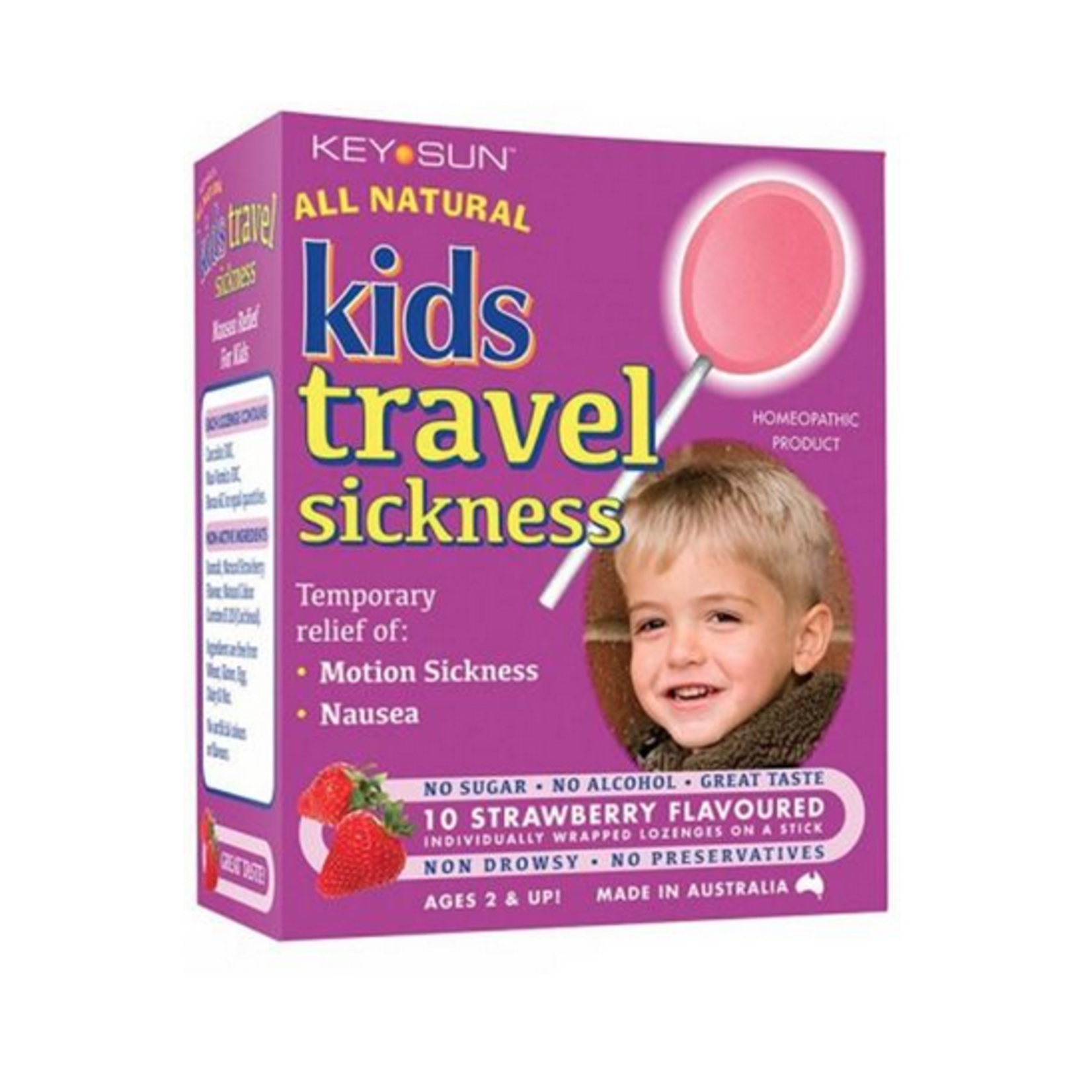 Key sun Key Sun All Natural Kids Travel Sickness Lozenge Strawberry flavoured 10 lozenges on a stick