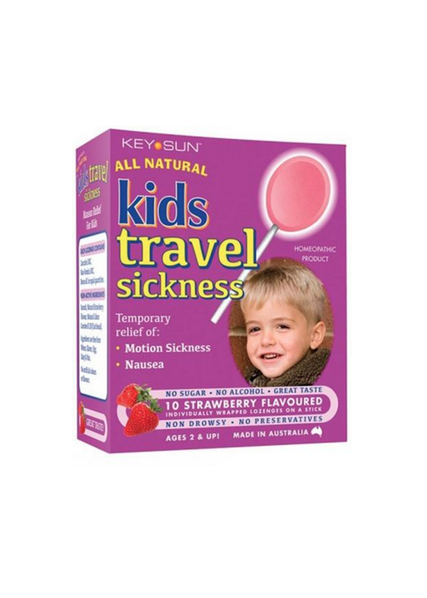 Key Sun Key Sun All Natural Kids Travel Sickness Lozenge Strawberry flavoured 10 lozenges on a stick