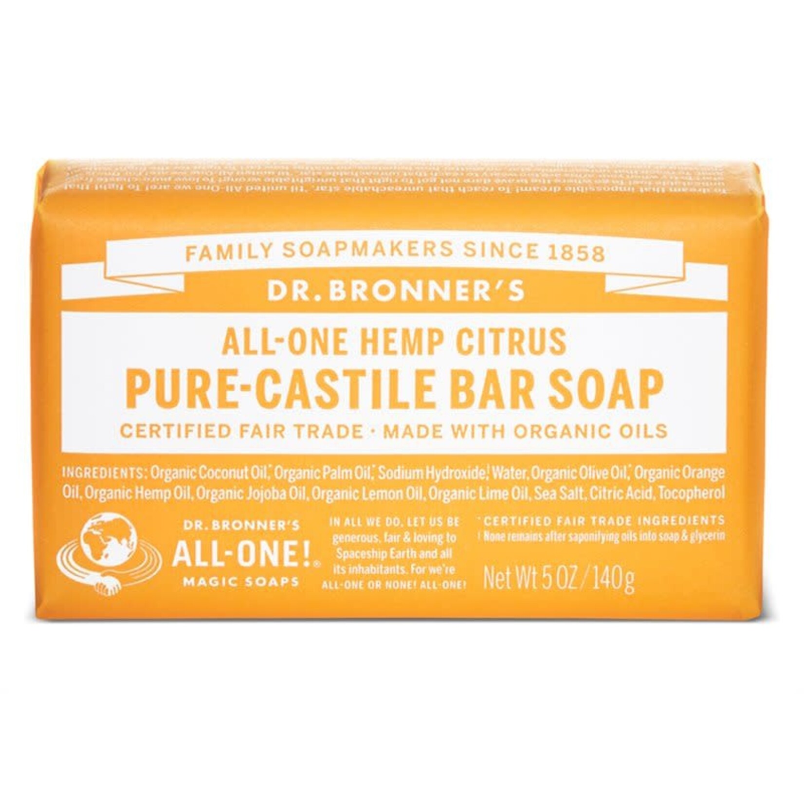 Dr Bronners Dr Bronners Organic Pure Castile Bar Soap Citrus 140g (Yellow)