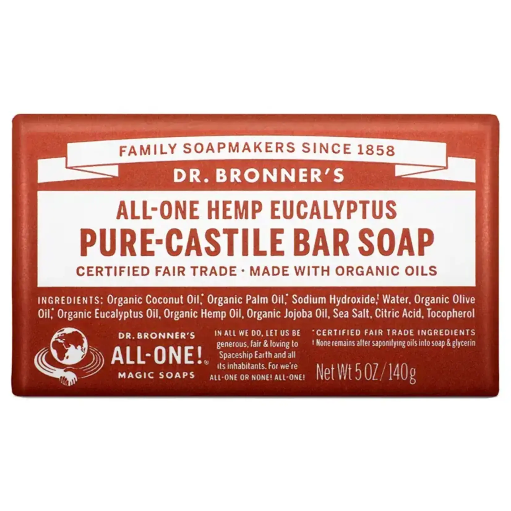Dr Bronners Dr Bronners Organic Pure Castile Bar Soap Eucalyptus 140g ( Brown)