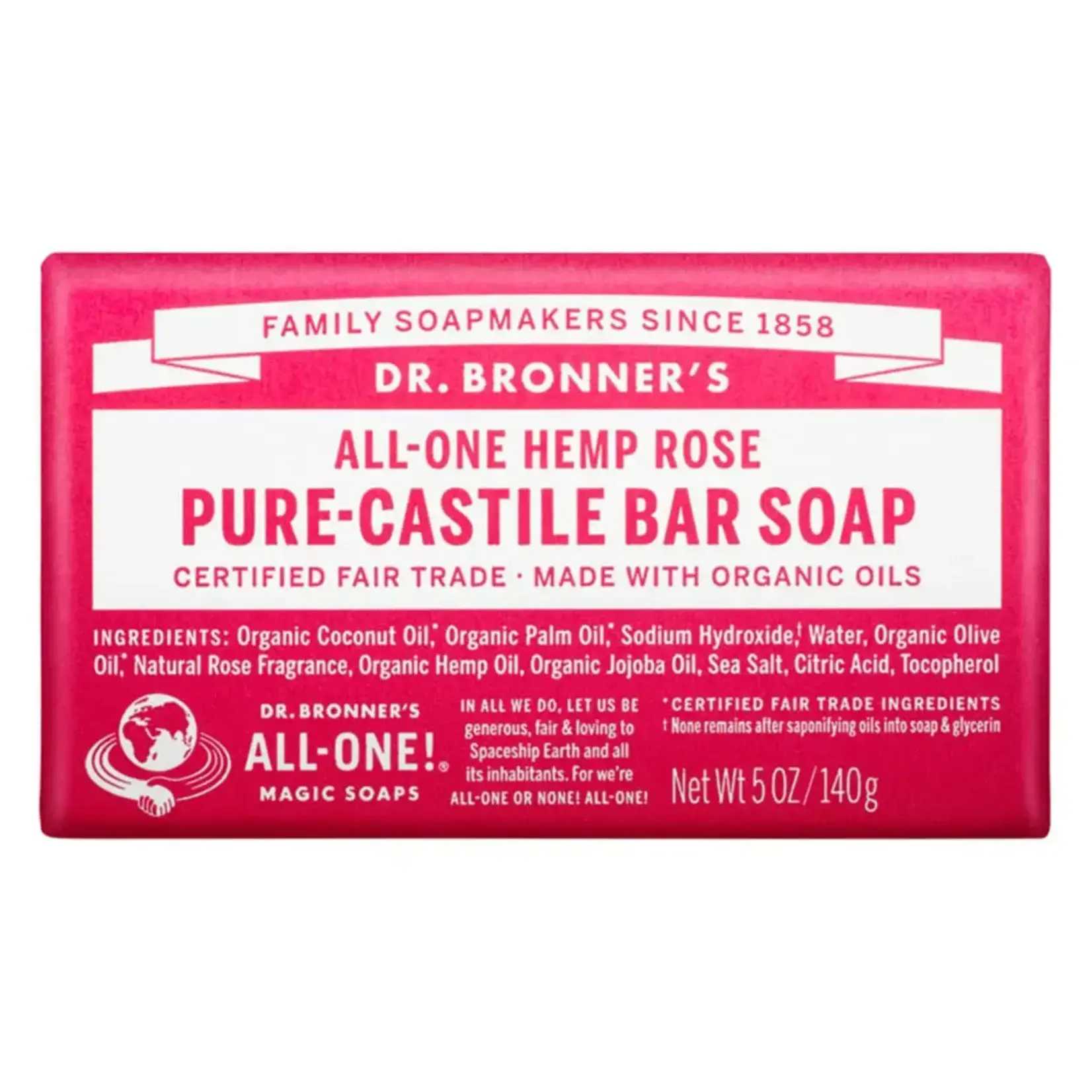 Dr Bronners Dr Bronners Organic Pure Castile Bar Soap Rose 140g  (Red)