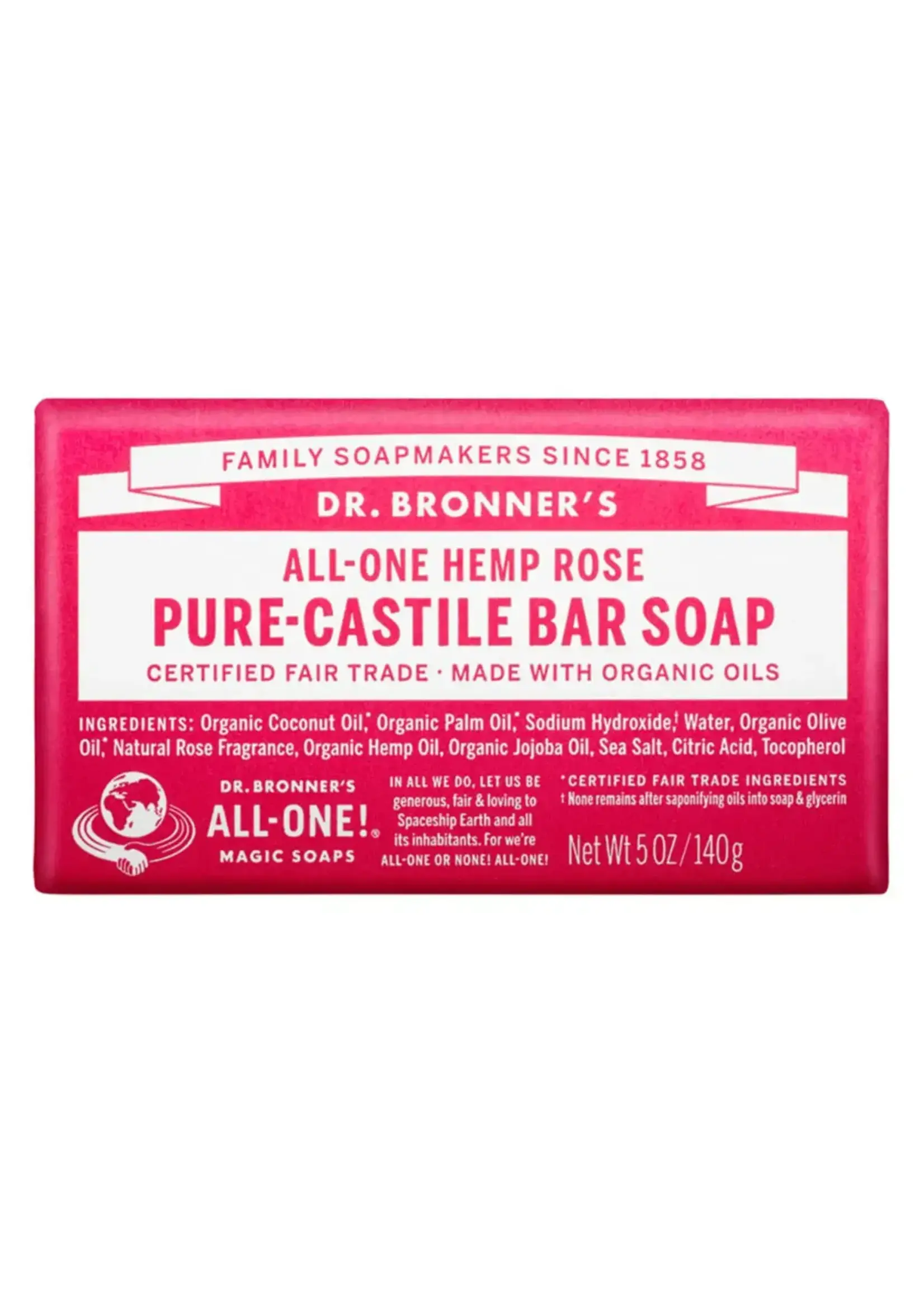 Dr Bronners Dr Bronners Organic Pure Castile Bar Soap Rose 140g  (Red)