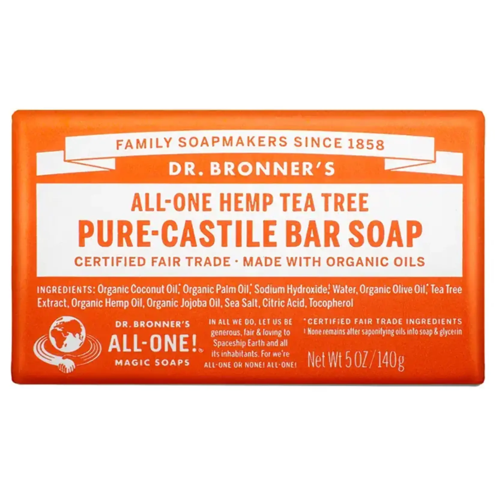 Dr Bronners Dr Bronners Organic Pure Castile Bar Soap Tea Tree 140g ( Orange)