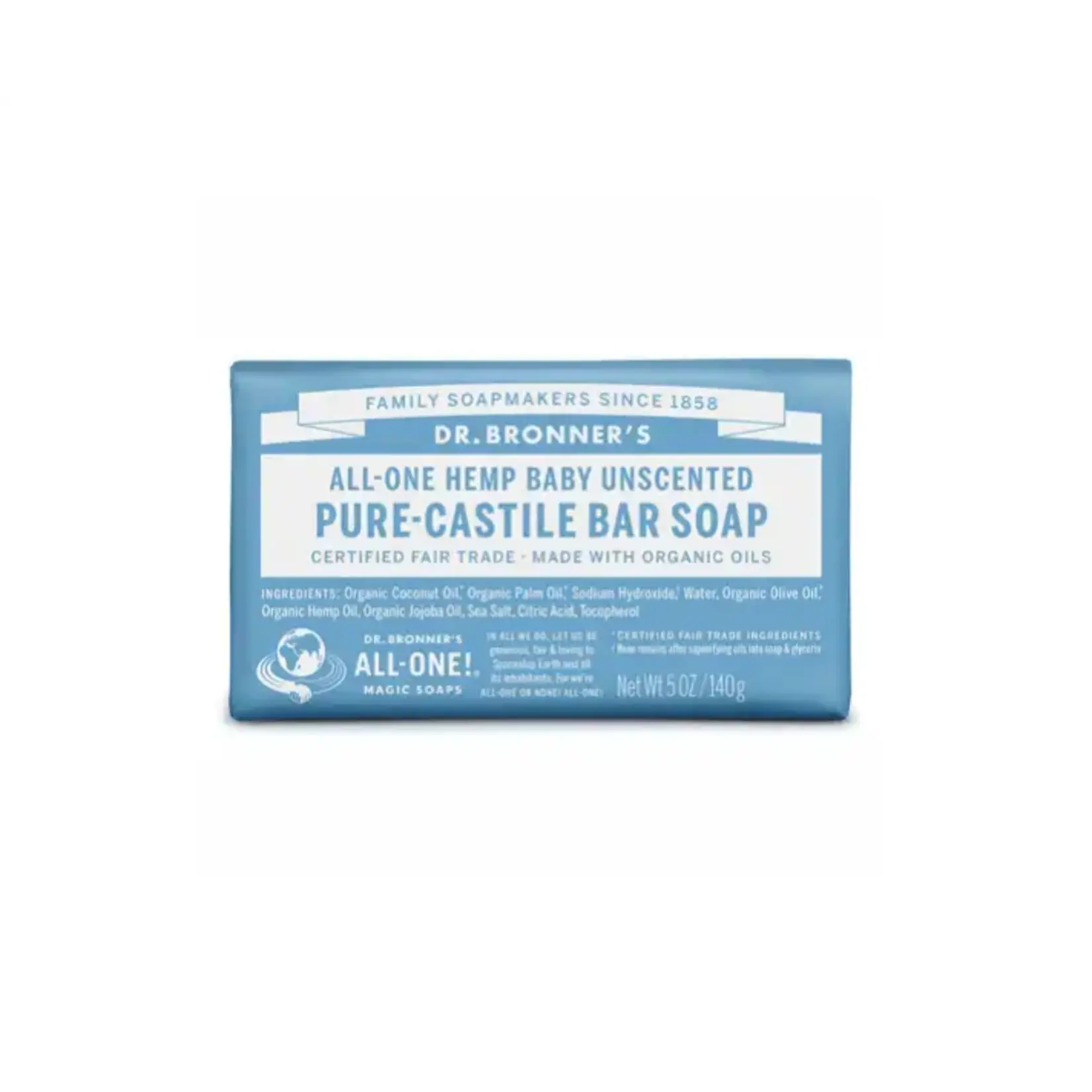Dr Bronners Dr Bronners Organic Pure Castile Bar Soap Unscented 140g ( Light Blue)