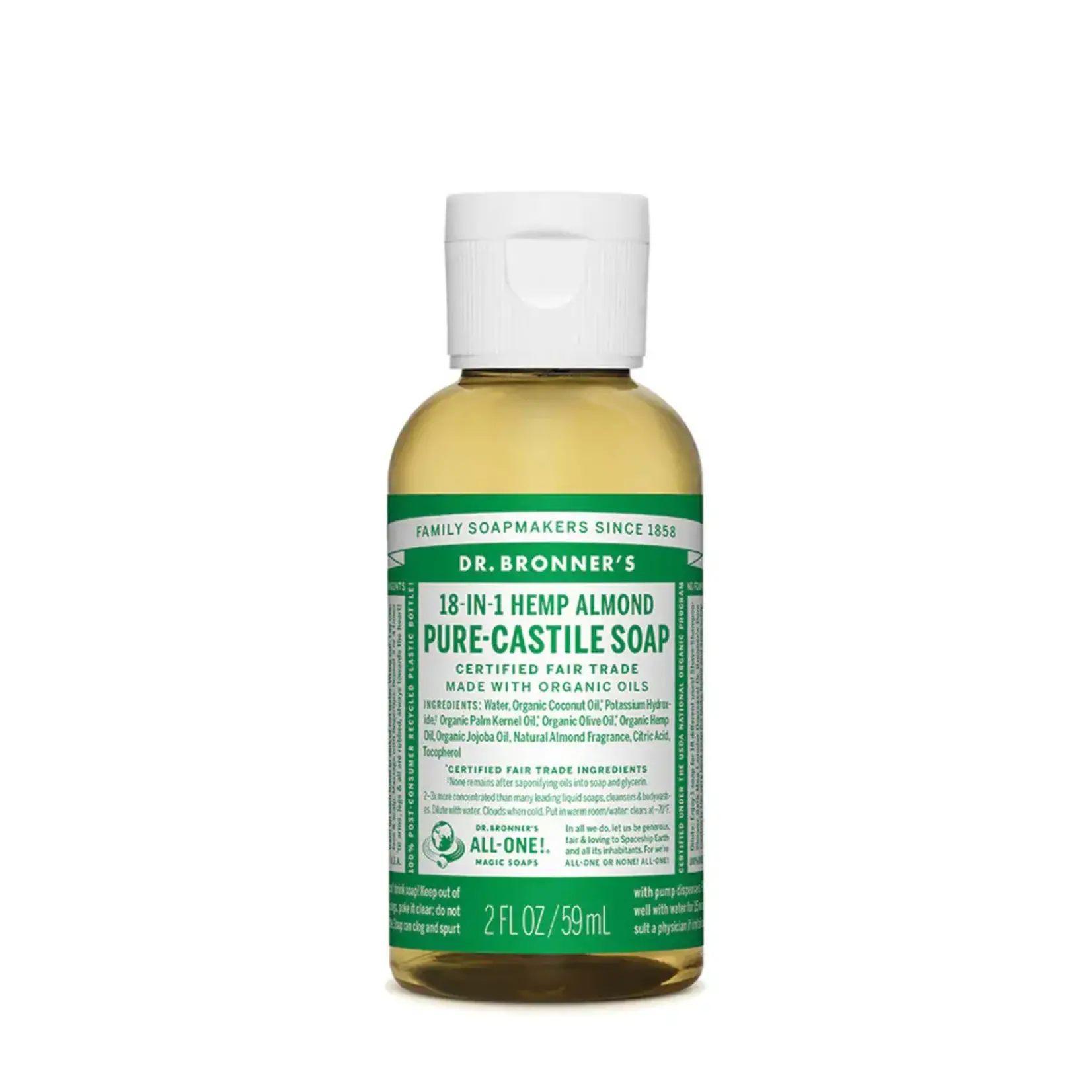 Dr Bronners Dr Bronners Organic Pure Castile Liquid  Soap Almond 59ml ( Dark green)