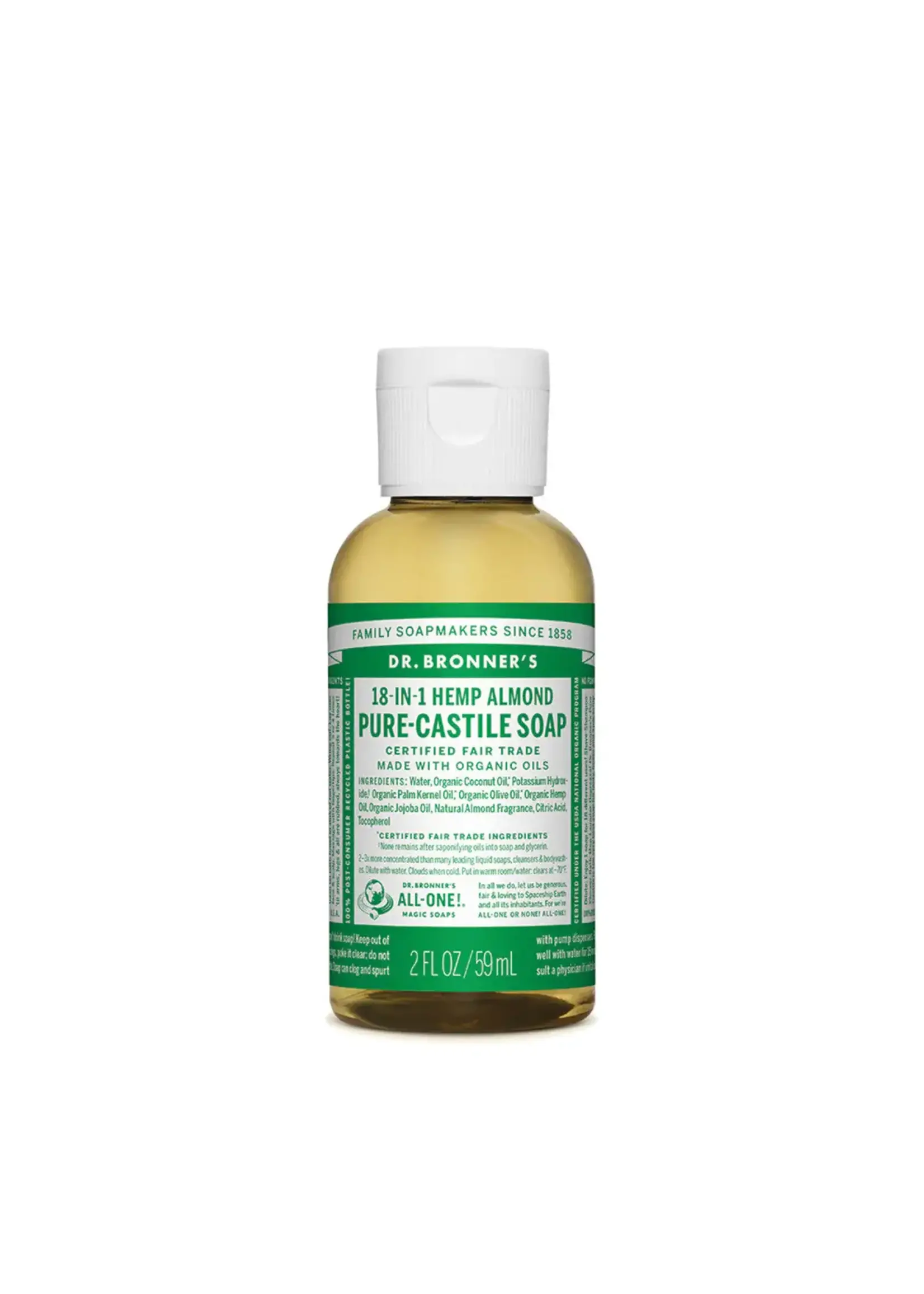 Dr Bronners Dr Bronners Organic Pure Castile Liquid  Soap Almond 59ml ( Dark green)
