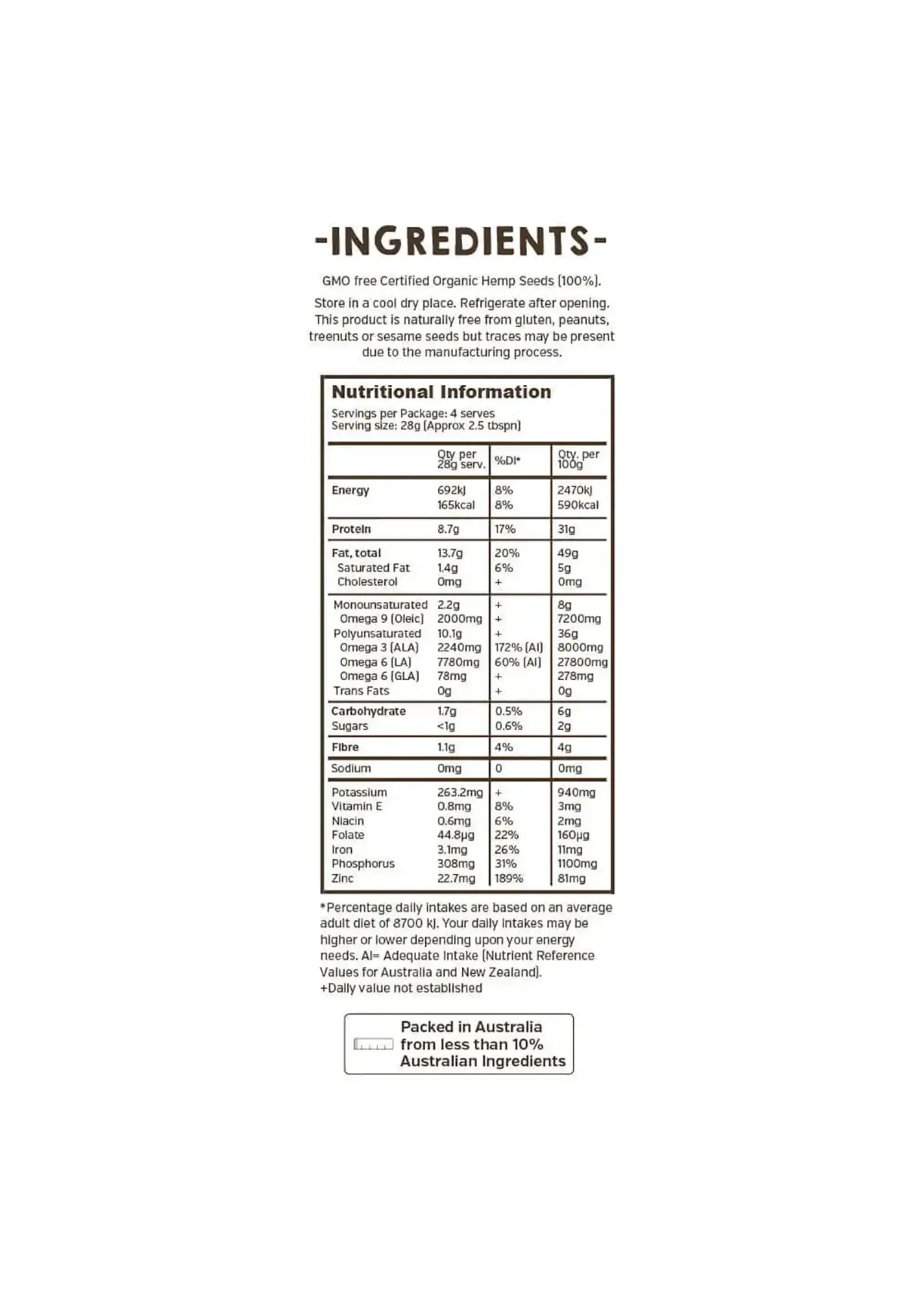 Hemp Foods Australia ( Essential Hemp) Hemp Foods Australia Organic Hemp Seeds Hulled 114g