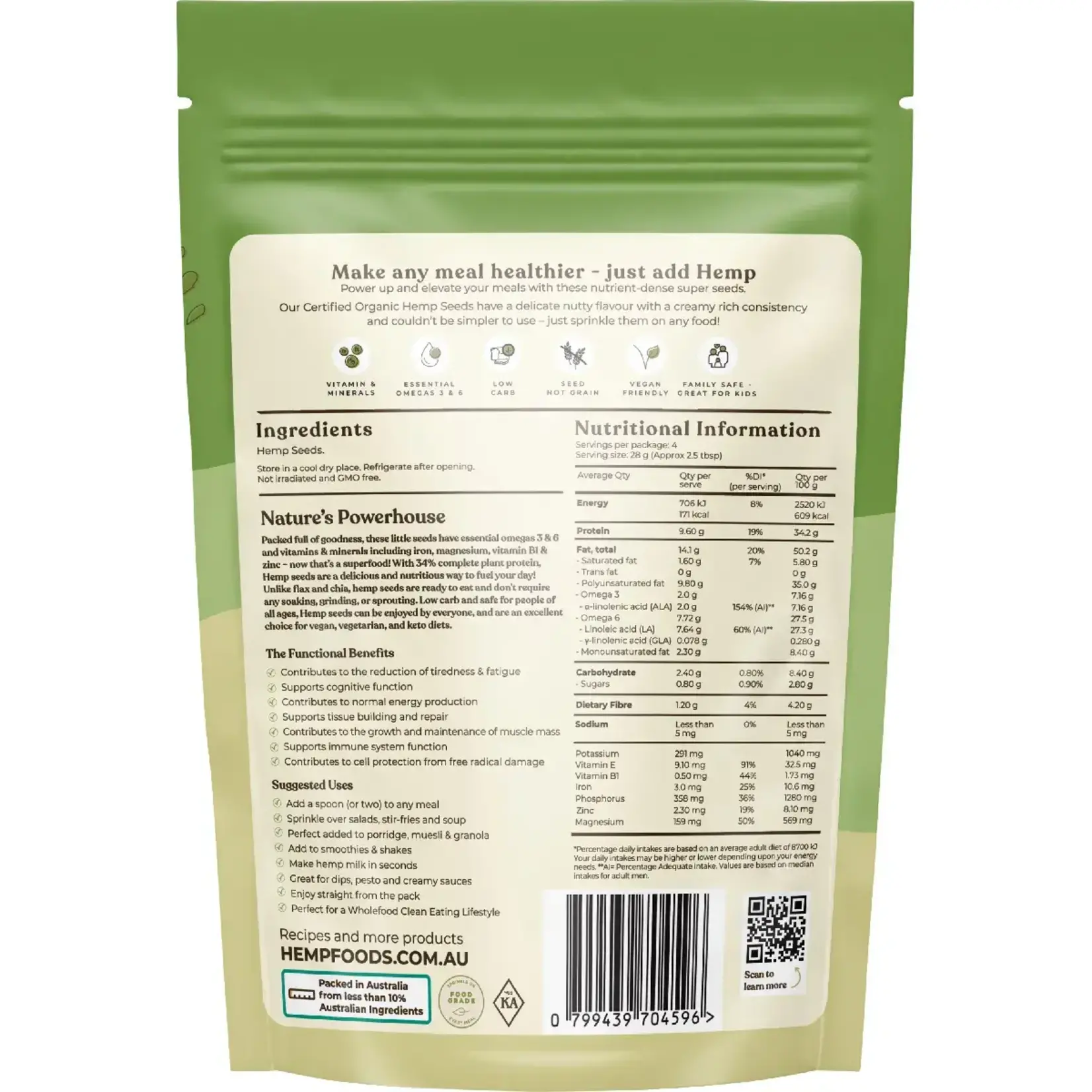 Hemp Foods Australia ( Essential Hemp) Hemp Foods Australia Organic Hemp Seeds Hulled 114g