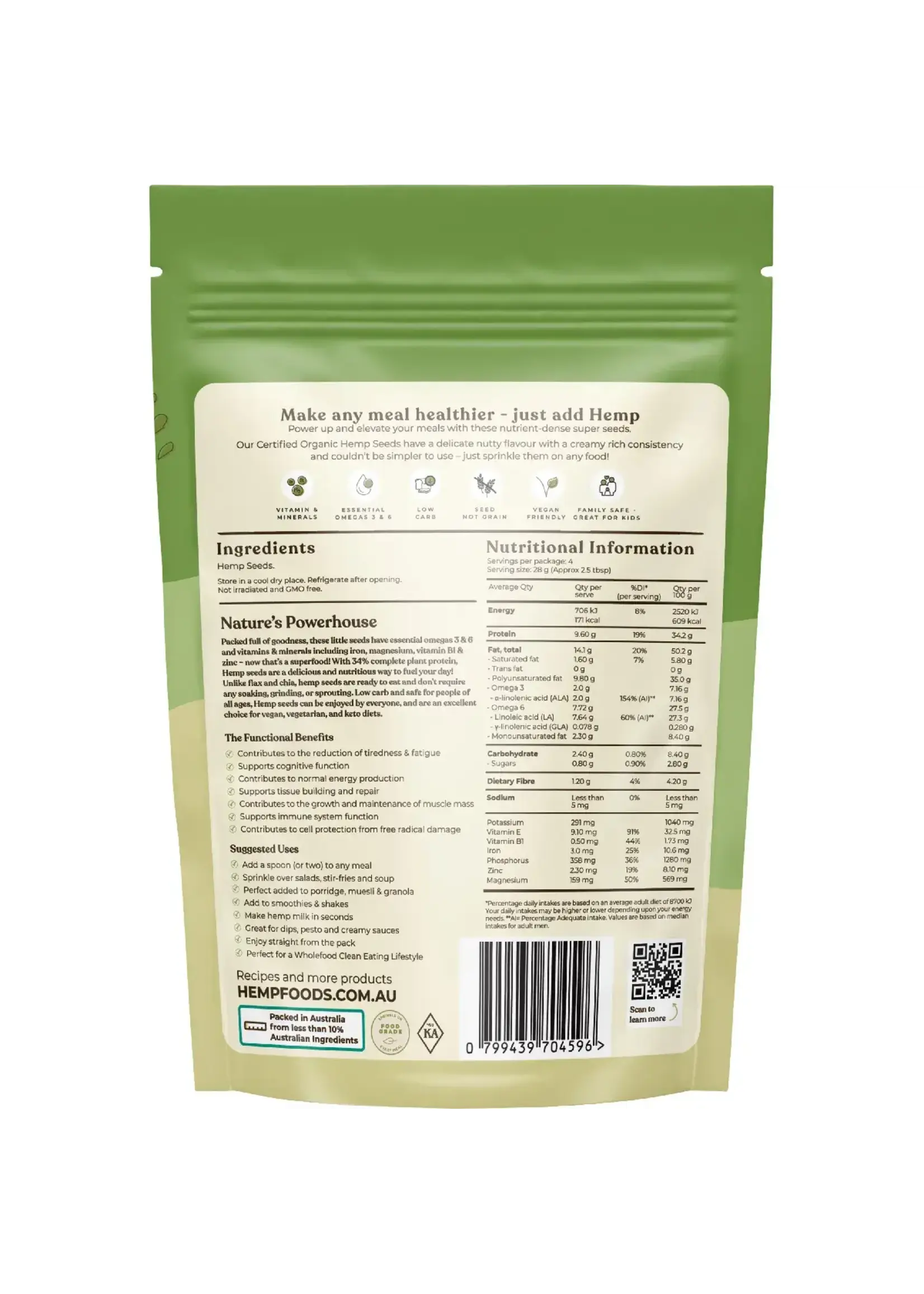 Hemp Foods Australia ( Essential Hemp) Hemp Foods Australia Organic Hemp Seeds Hulled 114g