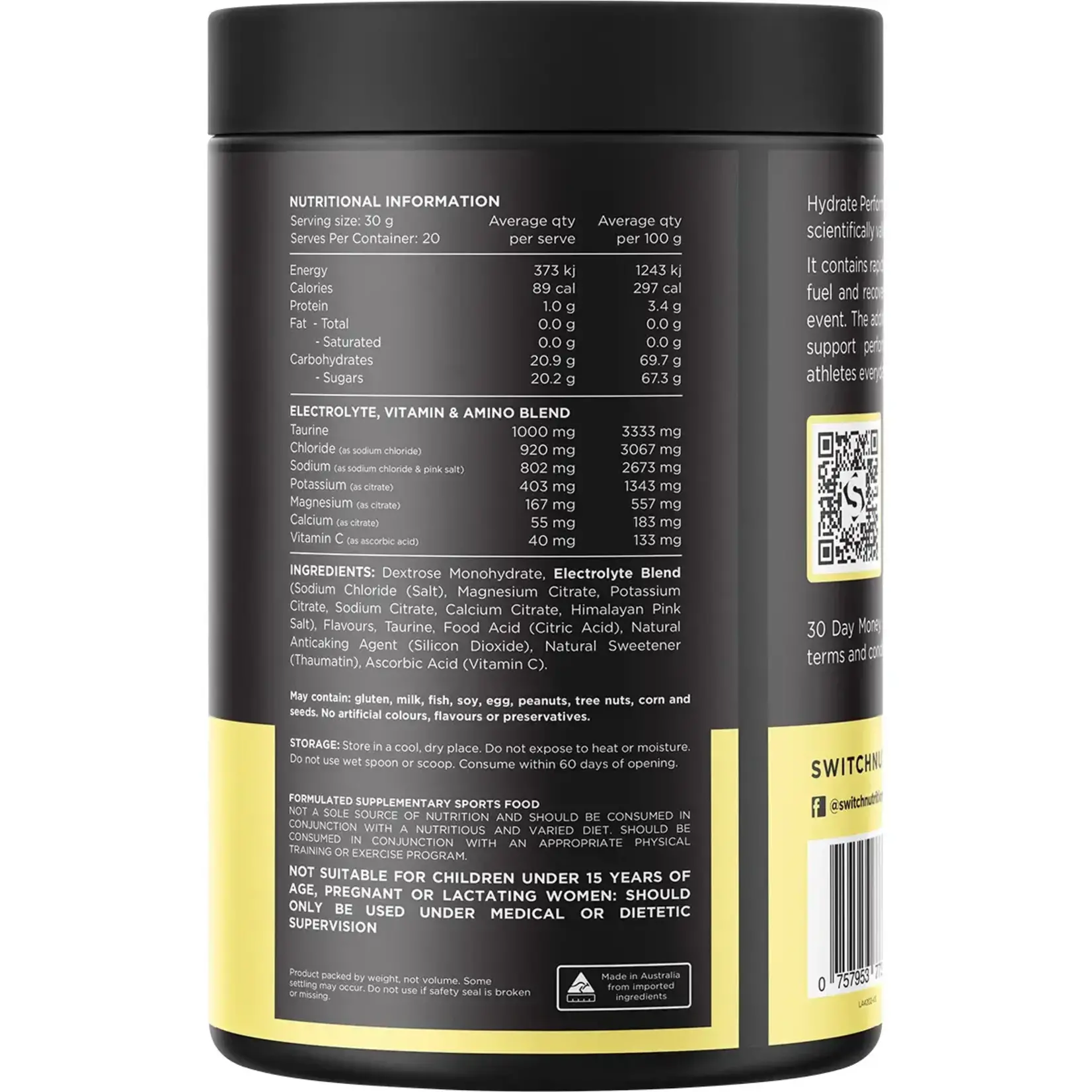 Switch Nutrition Switch Nutrition Hydrate Electrolytes Carbohydrate Lemon Lime 600g