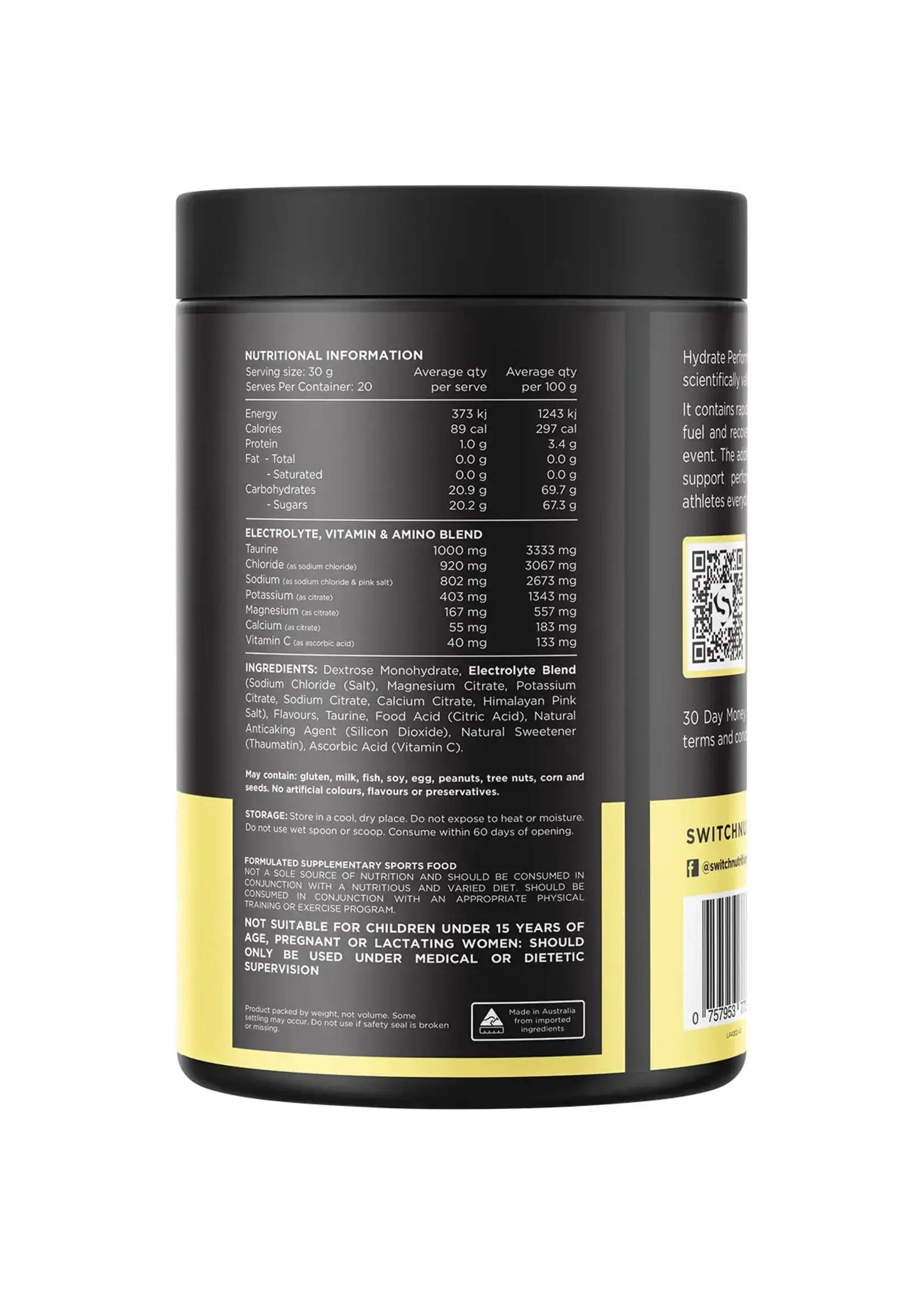 Switch Nutrition Switch Nutrition Hydrate Perform Electrolytes + Carbohydrate 600g Lemon Lime