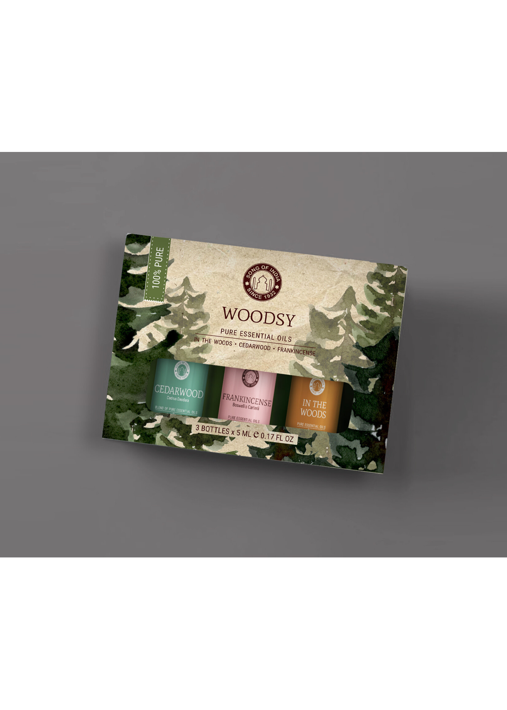 Song of India Song of India Essential Oil Gift Box Set of 3x 5ml bottles - Woodsy (In the Woods, Cedarwood, Frankincense)