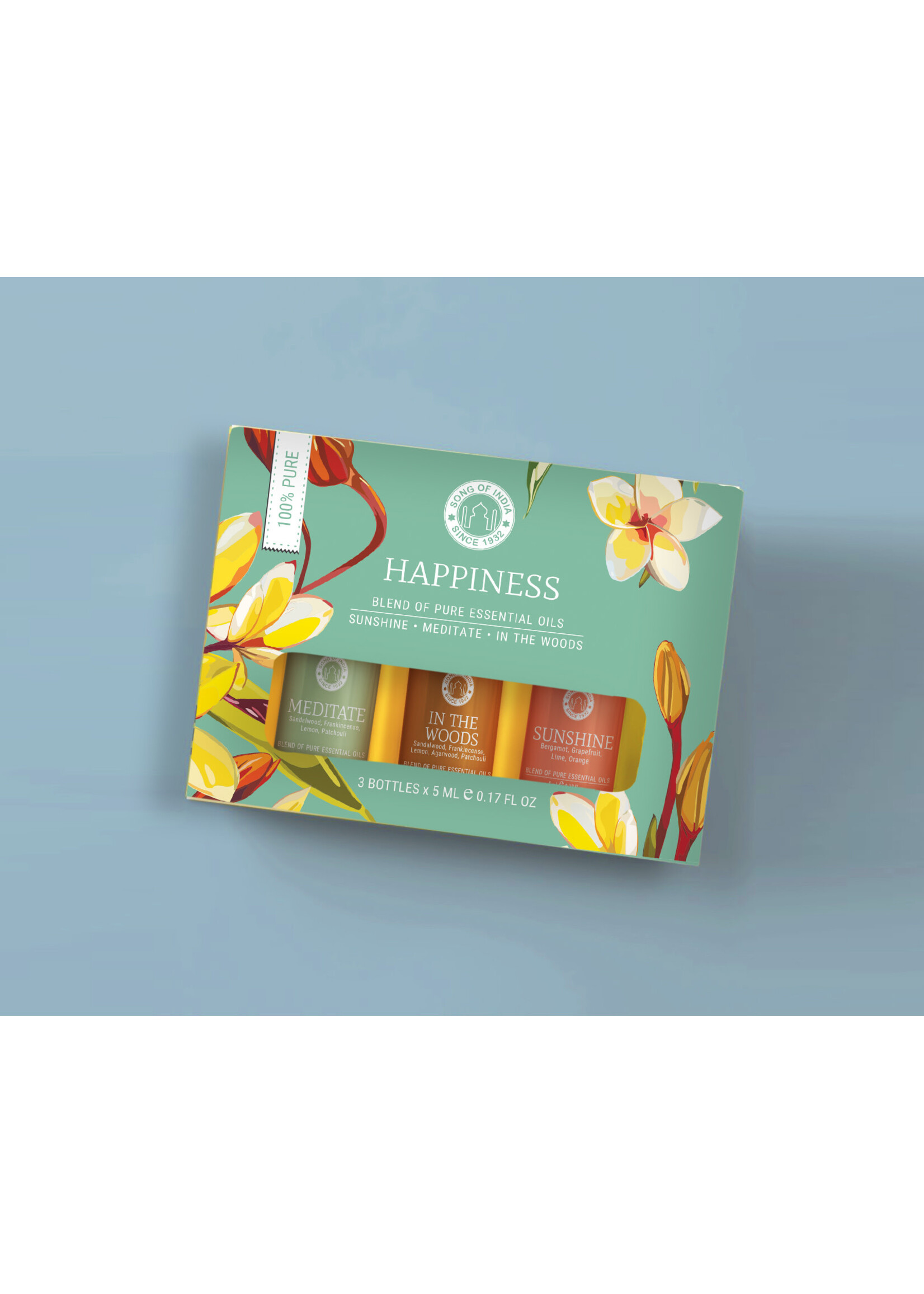 Song of India Song of India Essential Oil Gift Box Set of 3 x 5ml bottles - Happiness (Meditate, In The Woods, and Sunshine)