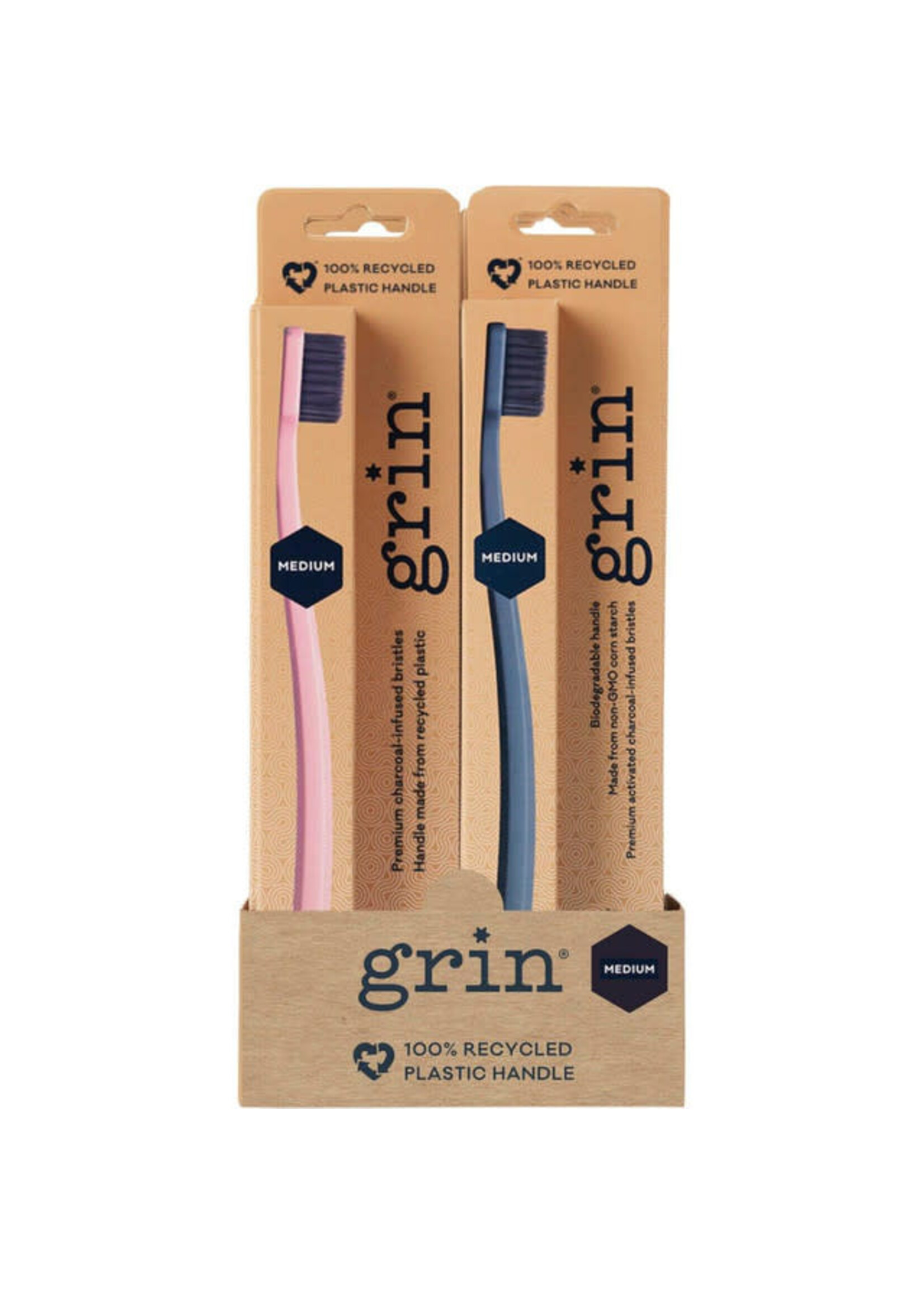 GRIN Grin Toothbrush Medium Recycled Pink or Charcoal