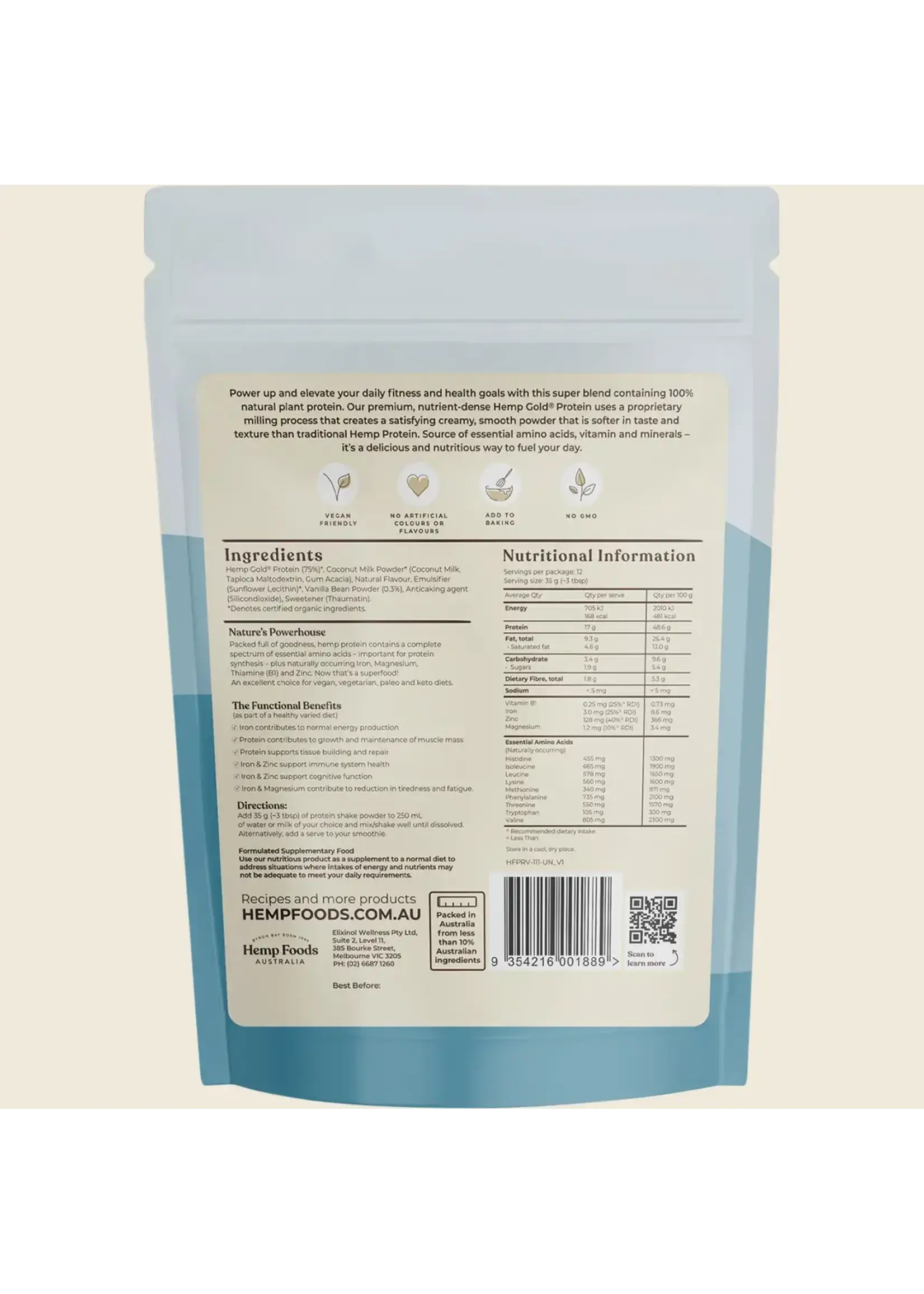 Hemp Foods Australia ( Essential Hemp) Hemp Foods Australia Organic Hemp Protein Shake 420g Vanilla
