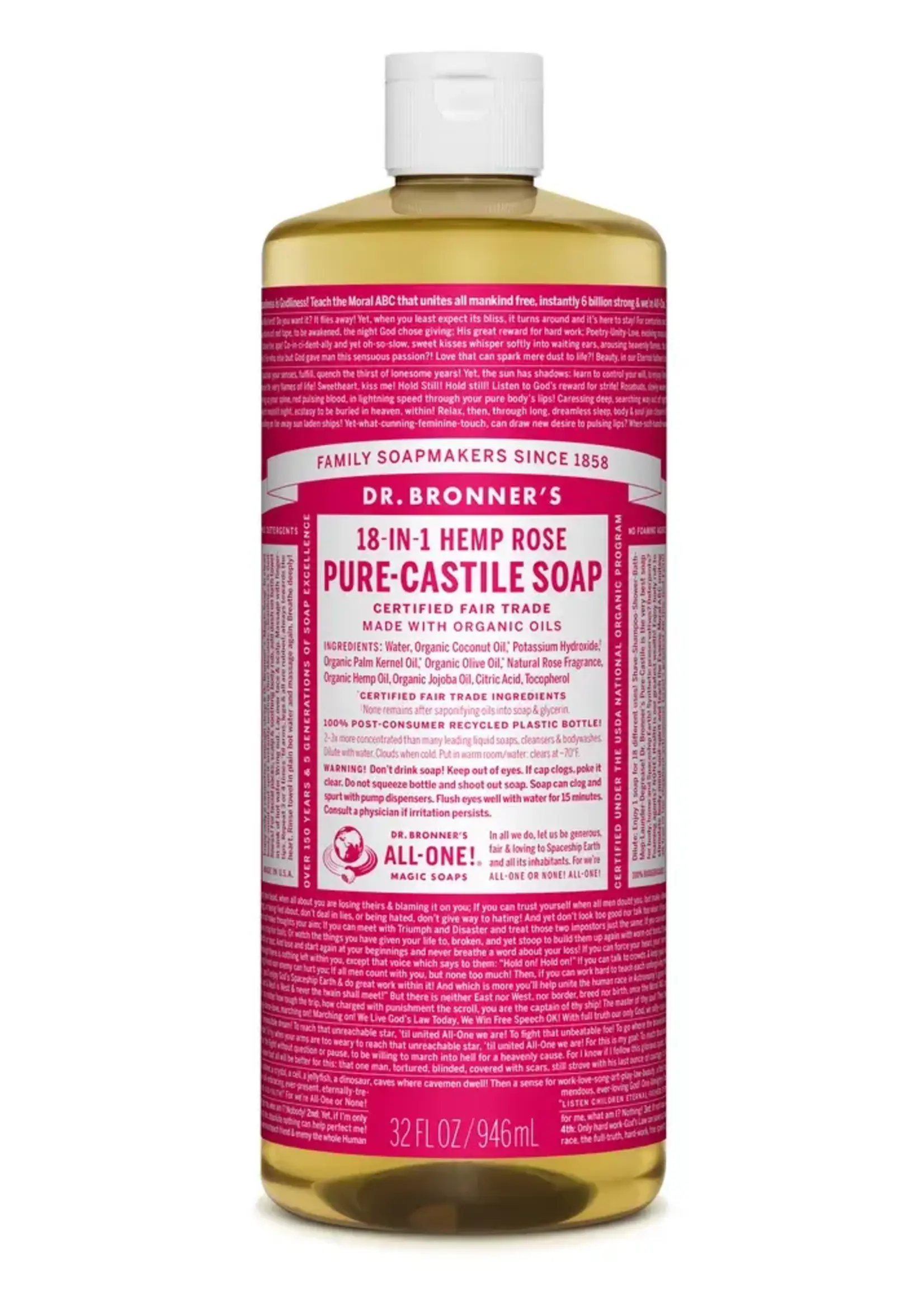 Dr Bronners Dr Bronners Organic Pure Castile Liquid Soap Rose 946ml (Red)