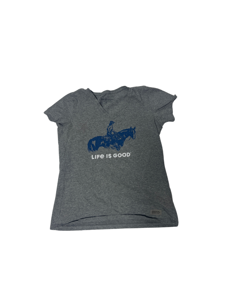 Life is Good V Neck Tee Grey with Blue horse Small
