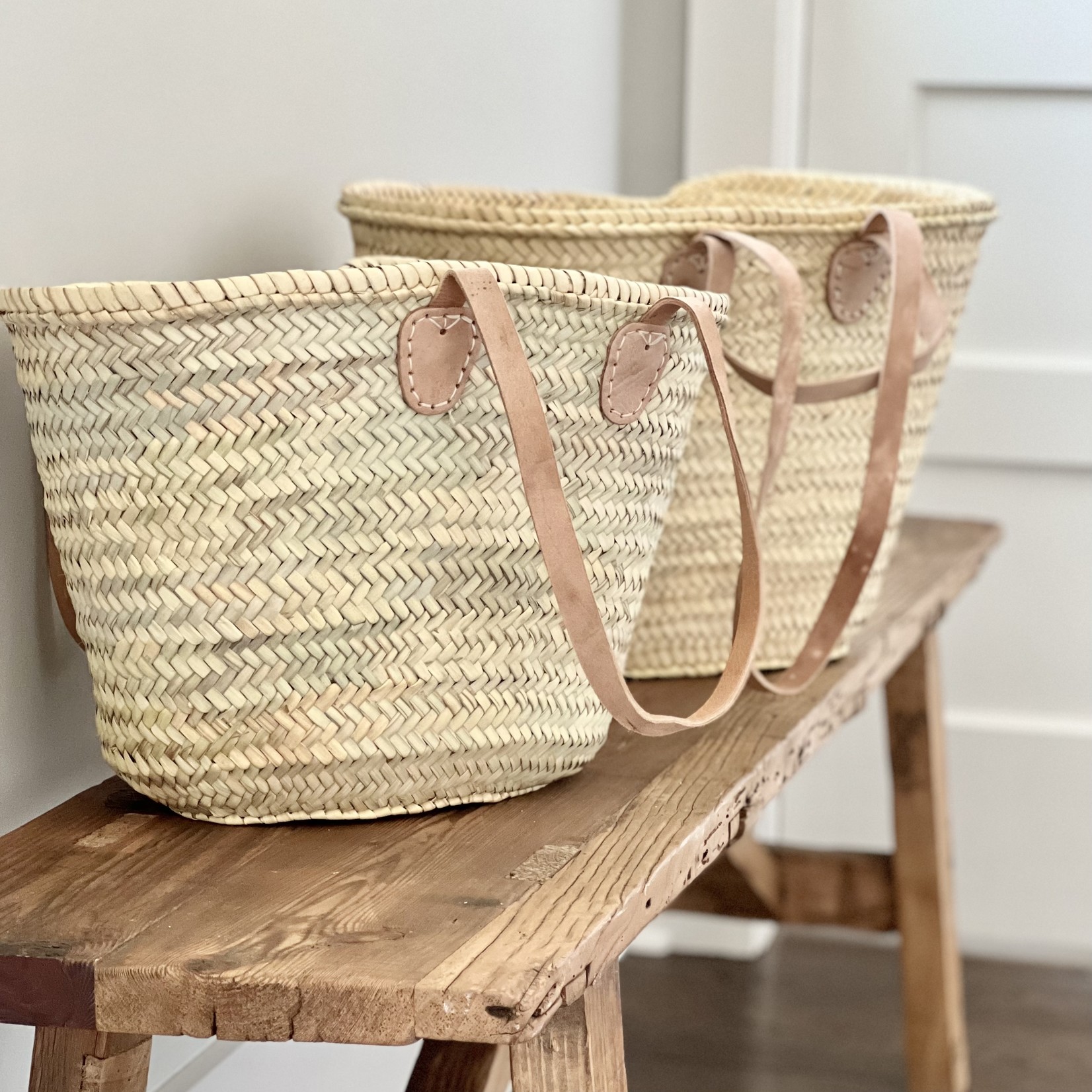 LINED FRENCH SHOPPING BASKET WITH LEATHER STRAP